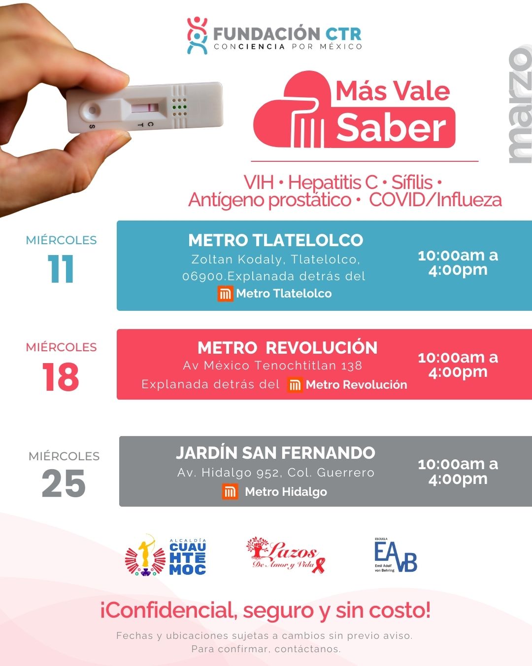 ✨ ¡Nos vemos en las brigadas de marzo!
Seguimos acercando la salud a más personas con nuestras jornadas de detección 💪
Tendremos pruebas rápidas de VIH, Sífilis, Hepatitis C y Antígeno Prostático, además de preservativos, consejería en salud sexual y pláticas informativas.
😷 También, ¡último mes con pruebas de COVID e Influenza!
😱 TODO GRATUITO
🗣️ ¡Corre la voz y acompáñanos!
#SaludParaTodxs #BrigadasDeSalud #Prevención #ITS #SaludSexual #ServiciosMédicos #AtenciónGratuita #Marzo #CDMX