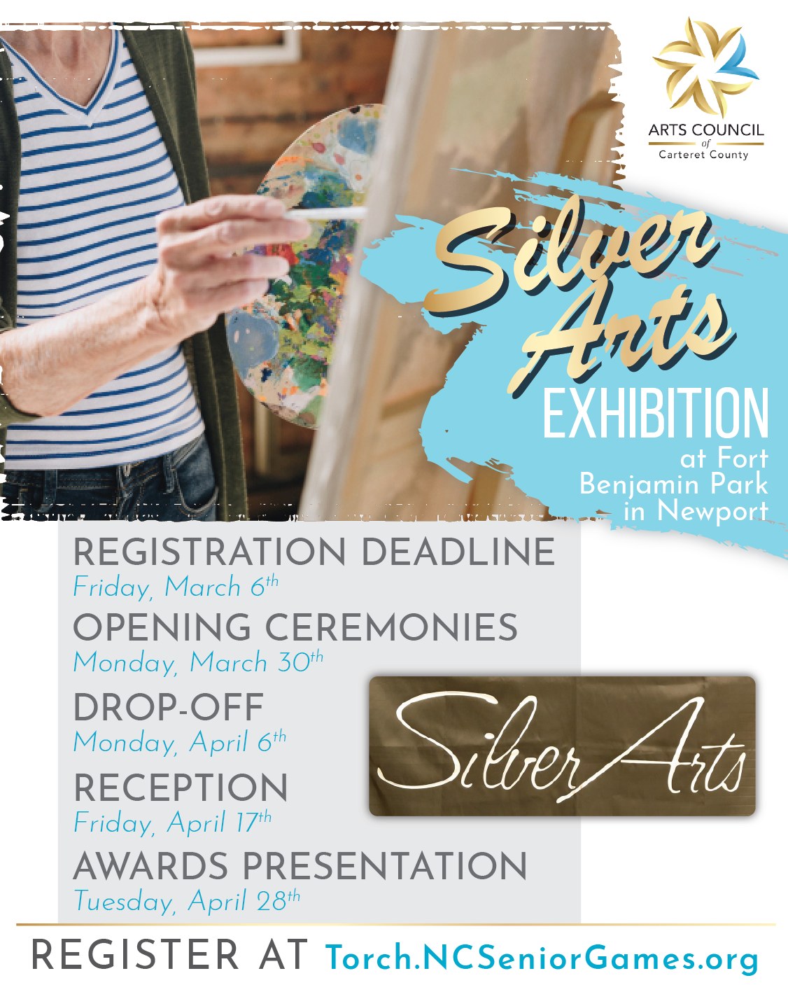 🖼️ Registration for the Silver Arts Exhibition is open! 🎨
The Silver Arts is a celebration of creative expression of for anyone 50 years of age or
older. It provides a stage for visual, heritage, literary and performing artists. The Silver Arts exhibition last year at Fort Benjamin Park had several local artists go on to exhibit at the state level.
This year we would like to see even more from our creative community!
Categories include the Heritage arts, such as quilting, knitting, jewelry, wood working, and pottery, the Visual arts such as acrylics, watercolor, oils, sculpture, general crafts, and the Literary arts. Registration is available online at Torch.NCsSeniorGames.org
If you cannot register online, you may pick up forms at the Arts Council at 1702 Arendell Street in Morehead City, and at Fort Benjamin Park in Newport.
⭐️ Registration deadline is March 6th
⭐️ Opening ceremonies for the Senior Games/Silver Arts is March 30th
⭐️ Drop-off for Silver Arts is April 6th
⭐️ Art will be on display until the Silver Arts reception, April 17th
⭐️ Finale and awards presentation is April 28th
If you have questions, please call Darlene at Fort Benjamin Park, (252) 222-5858 or
(252) 515-3290.