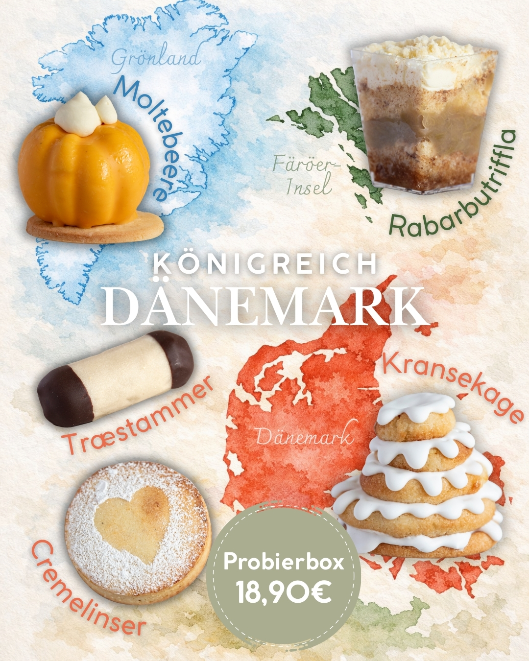 🇩🇰 Königreich Dänemark – Box März
Unsere kulinarische Weltreise führt in den Norden
Im März reisen wir in das Königreich Dänemark – mit einem Abstecher nach Grönland und zu den Färöer-Inseln. Freut euch auf nordische Klarheit, hyggelige Klassiker und besondere Spezialitäten, die wir modern für euch interpretiert haben.
Unsere Dänemark-Box vereint fünf typisch inspirierte Gebäcke und Desserts – handwerklich gefertigt in unserer Backstube, mit viel Liebe zum Detail und hochwertigen Zutaten.
✨ Das ist in der Box enthalten:
🍊 Moltebeer-Dessert (Grönland)
Ein feines, fruchtiges Törtchen inspiriert von der nordischen Moltebeere – cremig, leicht säuerlich und elegant. Ein Hauch arktischer Frische.
🍏 Rhabarber-Trifle (Färöer-Inseln)
Fruchtiger Rhabarber trifft auf zarte Creme und lockere Schichten – eine moderne Interpretation des nordischen Dessertklassikers.
🍪 Kransekage (Dänemark)
Der berühmte dänische Mandelkuchen – saftig, leicht chewy, mit typischer Zuckerglasur. Ein echtes Highlight der skandinavischen Backkultur.
🍫 Træstammer
Der dänische „Baumstamm“: saftige Kuchenmasse mit feiner Ummantelung – außen Marzipan, innen schokoladig-aromatisch. Ein absoluter Klassiker.
🍪 Cremelinser
Zartes Mürbeteiggebäck mit feiner Füllung – traditionell, buttrig und typisch dänisch.
👑 Die Königreich-Dänemark-Box – 18,90 €
Ideal zum Probieren, Verschenken oder gemeinsamen Genießen.
Perfekt für alle, die unsere kulinarische Weltreise Monat für Monat mitverfolgen.
Gerne per Click & Collect über www.Itisacake.de vorbestellen.
Diese Weltreise-Editionen ist limitiert und nur im März verfügbar.
Skandinavische Gelassenheit, nordische Aromen und handwerkliche Konditorkunst – vereint in einer Box.
Jetzt vorbestellen und mit uns in das Königreich Dänemark reisen.
eure Julia 🥰