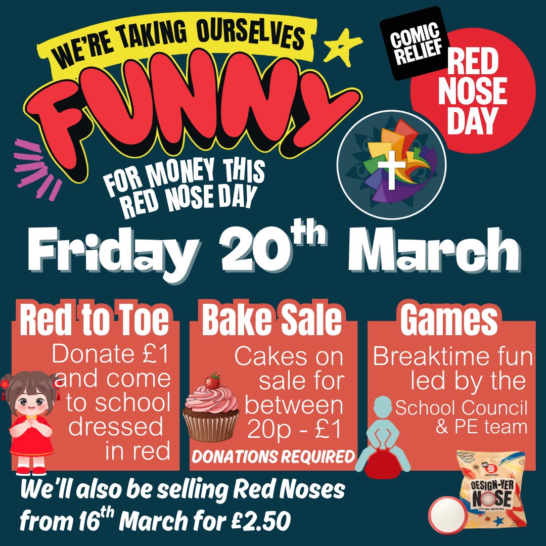 🔴 𝗥𝗲𝗱 𝘁𝗼 𝗧𝗼𝗲 𝗳𝗼𝗿 𝗥𝗲𝗱 𝗡𝗼𝘀𝗲 𝗗𝗮𝘆 – 𝗙𝗿𝗶𝗱𝗮𝘆 20𝘁𝗵 𝗠𝗮𝗿𝗰𝗵!
Are you red-y to dress up? From scarlet socks to ruby slippers, a raspberry beret to a crimson cape (or simply a classic Red Nose and Red Nose Day T-shirt!), we’re inviting everyone to come to school dressed in red for a £1 donation.
🍰 We’ll also be selling cakes and biscuits at breaktime — and we’d love your support with donations. If you’re able to contribute some baked treats, we’d be very grateful!
⛹ Get ready for plenty of fun, too! The School Council and PE team are organising games including space hopper races, obstacle runs and animal sprint relays.
🎨 You can also purchase a ‘Design-Yer-Nose’ red nose from 16th March. Get creative with markers, stickers and crayons — or go all out with sparkles, bling, pom-poms and bows. Anything goes, with a Design-Yer-Nose!
It’s set to be a jam-packed day of fun, and we can’t wait to raise money for Red Nose Day! ❤️
.
.
.
#RedNoseDay #funnyformoney #ComicRelief #ServiceInAction #stjohns