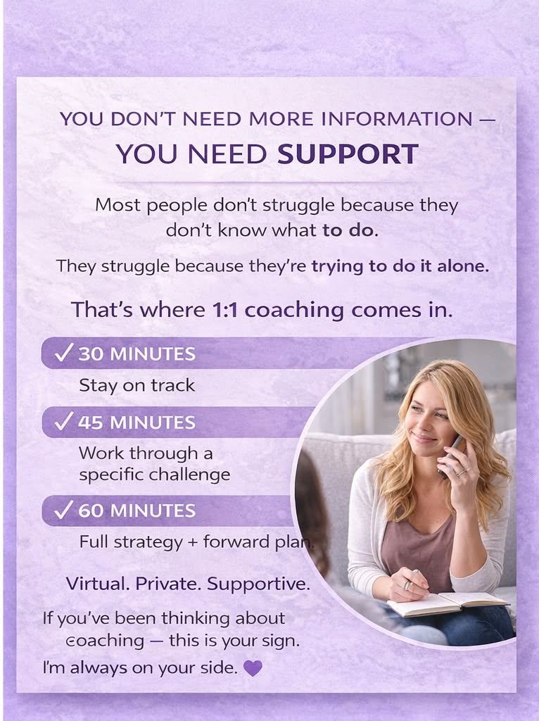 You Don’t Need More Information — You Need Support
Most people don’t struggle because they don’t know what to do.
They struggle because they’re trying to do it alone.
That’s where 1:1 coaching comes in.
You choose the time that fits your season:
✔ 30 Minutes – Stay on track
✔ 45 Minutes – Work through a specific challenge
✔ 60 Minutes – Full strategy + forward plan
We talk through:
• Real-life obstacles
• Honest tracking
• Portion awareness
• Emotional eating
• Boundaries
• Movement & mindset
And we create simple, doable next steps.
No pressure.
No extremes.
Just steady, sustainable progress.
If you’ve been thinking about coaching — this is your sign.
I’m always on your side. 💜
#WellnessCoaching #PowerOf13 #VirtualCoaching
