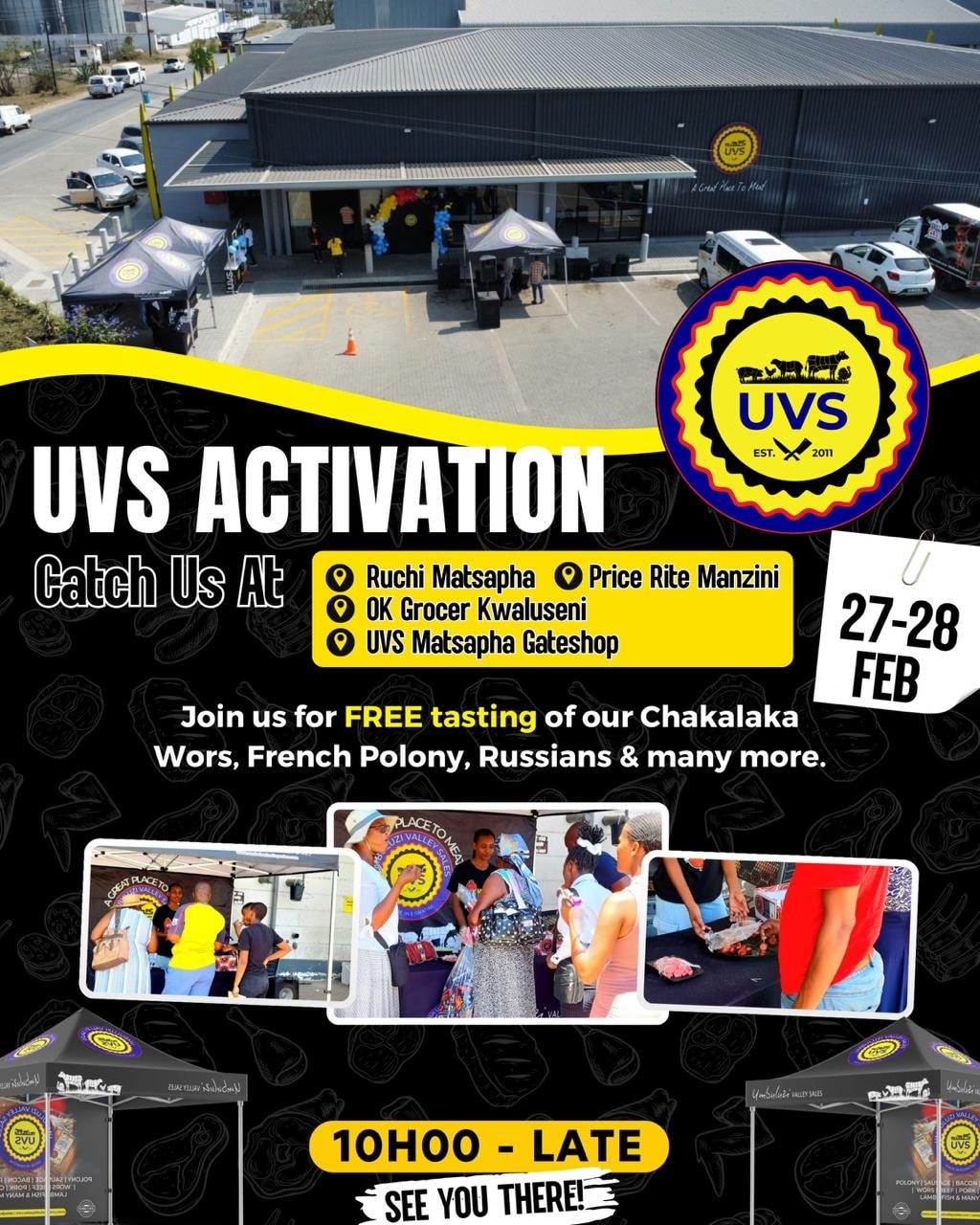 UVS & Nyama Choma are back with bold flavours, great vibes, and FREE tastings!
📍 Mbabane | Matsapha | Manzini
🗓 27–28 February
⏰ 10AM till late
Come hungry and bring your crew! 🔥
#UVS #UVSActivation #SupportLocal #AGreatPlaceToMeat #NyamaChoma
