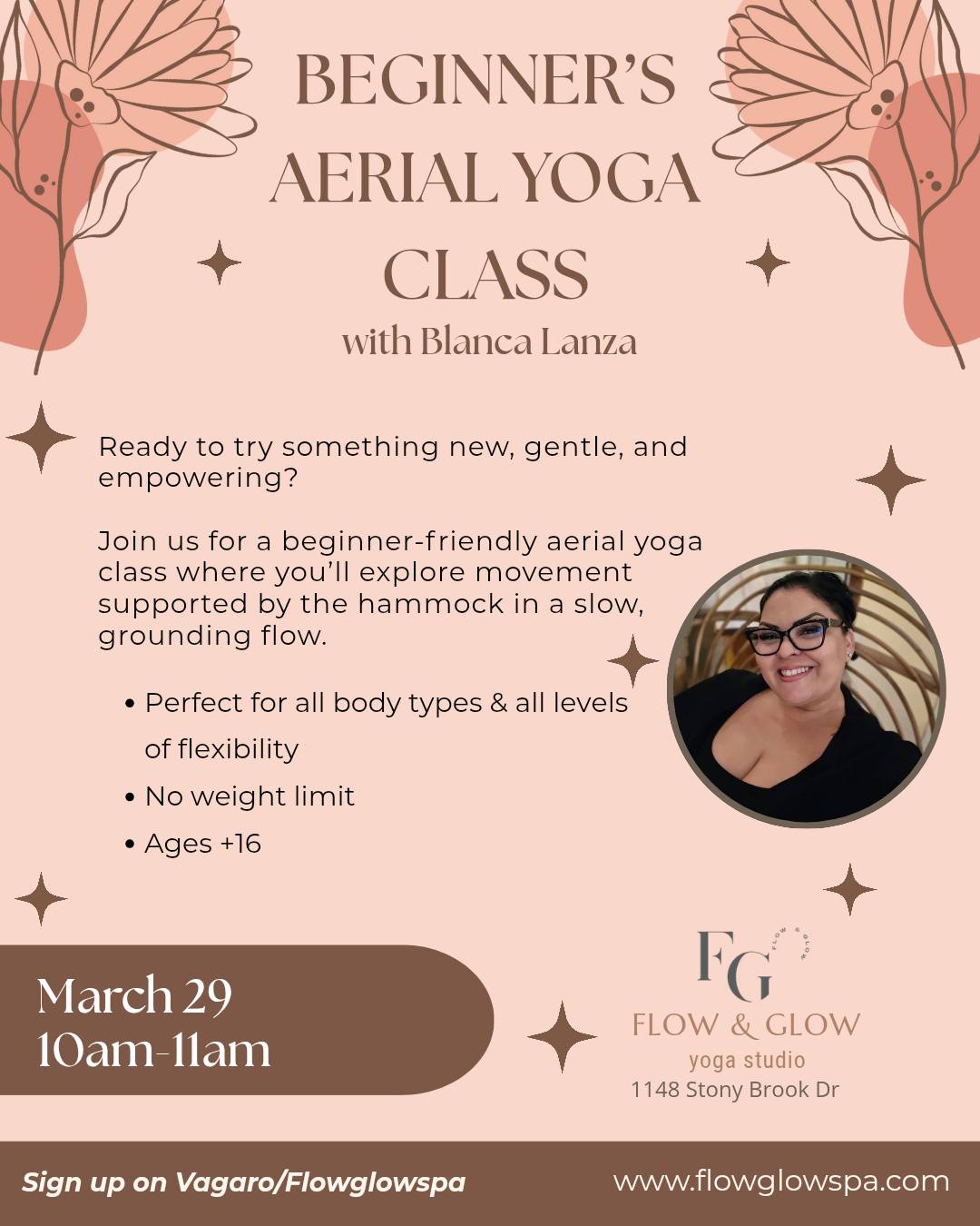 Blanca is back with her popular beginning aerial yoga class on Sunday, March 29 at 11 am. Immediately following, she is offering the same class en español due to popular demand. Sign up for one, of both, but don't wait, as her classes fill up quickly!
Register on Vagaro: https://www.vagaro.com/flowglowspa/classes