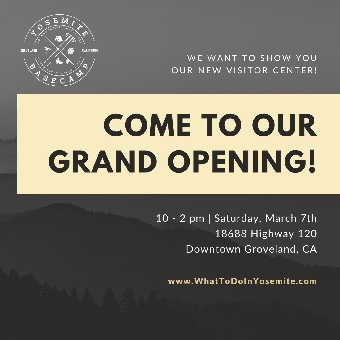 To celebrate our new Visitor Center, we’ll be hosting a Community Open House on March 7th 2026 from 10am - 2pm. This event is especially for our neighbors, partners, and locals who’ve supported us over the years. We’d love for you to stop by, see the new space, and say hello.
Our open house is meant to be relaxed, welcoming, and community-focused. Stop by to:
See the new Visitor Center
Meet our team and partners
Learn what’s changing this season
Pick up maps, info, and local recommendations
Enter to win a $100 gift card
Enjoy local coffee and snacks
Shop with 25% storewide discount.
Tour the Yosemite Basecamp property at the top of each hour.
https://www.yosemitebasecamp.com/post/visitorcenter