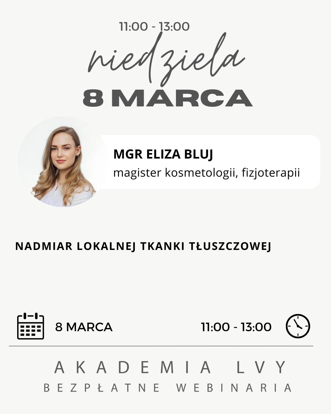 Nadmiar lokalnej tkanki tłuszczowej
Czy wiesz, że nie każda „oponka” to kwestia diety – i nie każdą da się zredukować tym samym protokołem?
8 marca analizujemy lokalną tkankę tłuszczową bez mitów i złudzeń.
Porozmawiamy o tym, kiedy BMI ma znaczenie, jakie efekty są realne, a gdzie kończą się możliwości zabiegowe.
Omówimy technologie Hi-Tech, procedury LVY oraz sposób budowania Beauty Planu, który łączy gabinet z działaniami domowymi.
To spotkanie dla specjalistów, którzy chcą modelować sylwetkę odpowiedzialnie – nie obiecywać cudów.