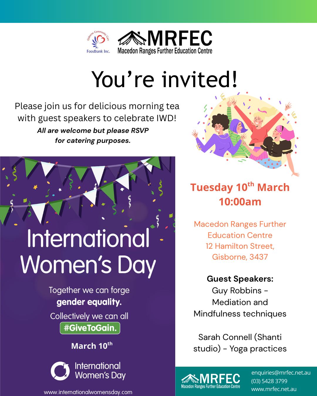 🌸✨ Celebrate International Women’s Day With Us! ✨🌸
Enjoy a delicious morning tea, listen to our guest speakers, and learn more about what we do at our open house!
All are welcome but please RSVP for catering purposes - call us on 03 5428 3799 or RSVP on our website.
🎟 Free Event
🗓 Date: Tuesday 10th March
⏰Time: From 10:00am
📍Location: Macedon Ranges Further Education Centre. 12 Hamilton Street, Gisborne, 3437.
🌿 Guest Speakers:
• Guy Robbins – Meditation and mindfulness techniques
• Sarah Connell (Shanti Studio) – Yoga practices
In partnership with @gisbornefoodbank
#InternationalWomensDay #Community #Empower #IWD2026