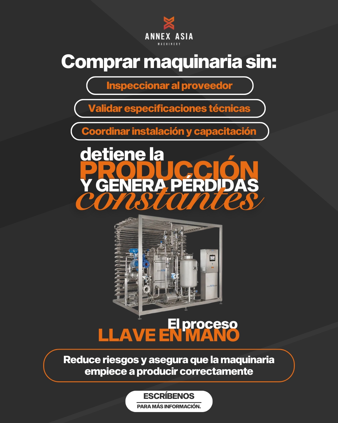 Con nuestro programa LLAVE EN MANO, tu proyecto industrial se estructura desde el origen hasta la puesta en marcha. 🏗️
Integramos verificación de proveedor, validación técnica de especificaciones, coordinación logística, instalación y arranque operativo bajo una planificación alineada desde el inicio. ⚙️📦
Así aseguramos que la maquinaria cumpla con la capacidad y el rendimiento proyectados, evitando desviaciones en tiempos y costos. 📊
Escríbenos para más información. 🤝