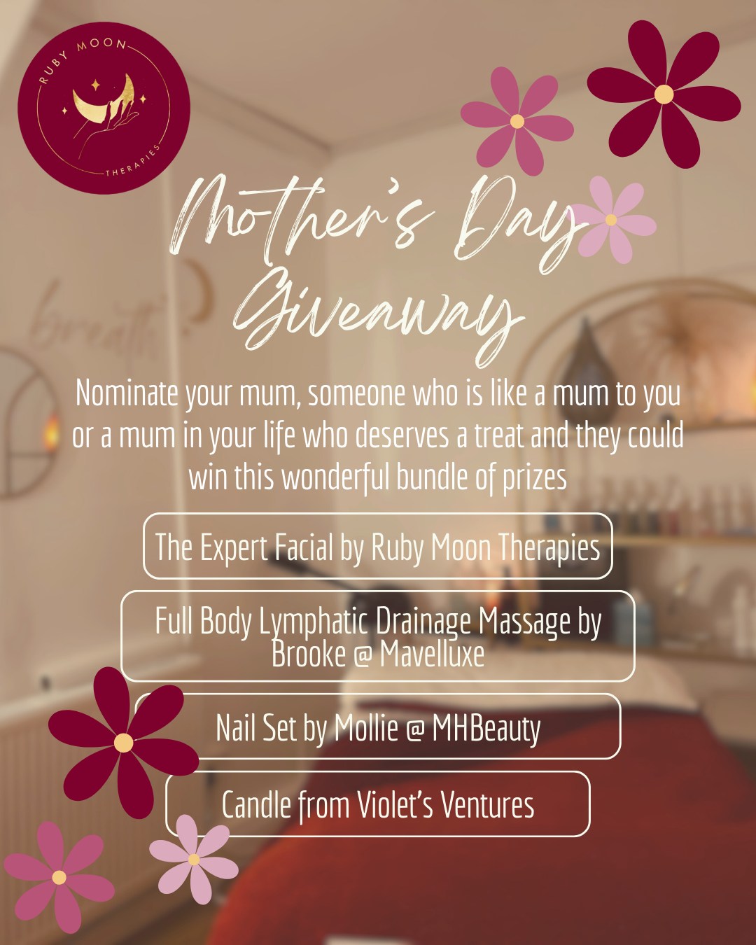 So many of our clients are amazing Mum's and we thought it was the perfect time to treat one of them to a truly special prize ❤
Nominate your mum, someone who is like a mum to you or a mum in your life who deserves a treat and they could win this wonderful bundle of prizes!
The Expert Facial by @rubymoontherapies
Full Body Lymphatic Drainage Massage by @marvelluxe_x
Full Set of Nails with @mhbeauty_surrey
Amazing Candle from @violetventures_
Be sure to tag them in the comments below as well as like and share the post! Plus don't forget to show some love to all the wonderful businesses taking part in the giveaway by liking their pages to be entered into the giveaway! You can tag as many lovely mums as you like so let's share the love ❤
We will choose a winner at random on Mother's Day and message the lucky mum to organise her wonderful treat ❤
#mothersdaygiveaway #rubymoontherapies #massagegiveaway #selfcaregiveaway #surreygiveaway #horleygiveaway #horleysurrey #horleysalon #horleymums #surreymums #horleymassage