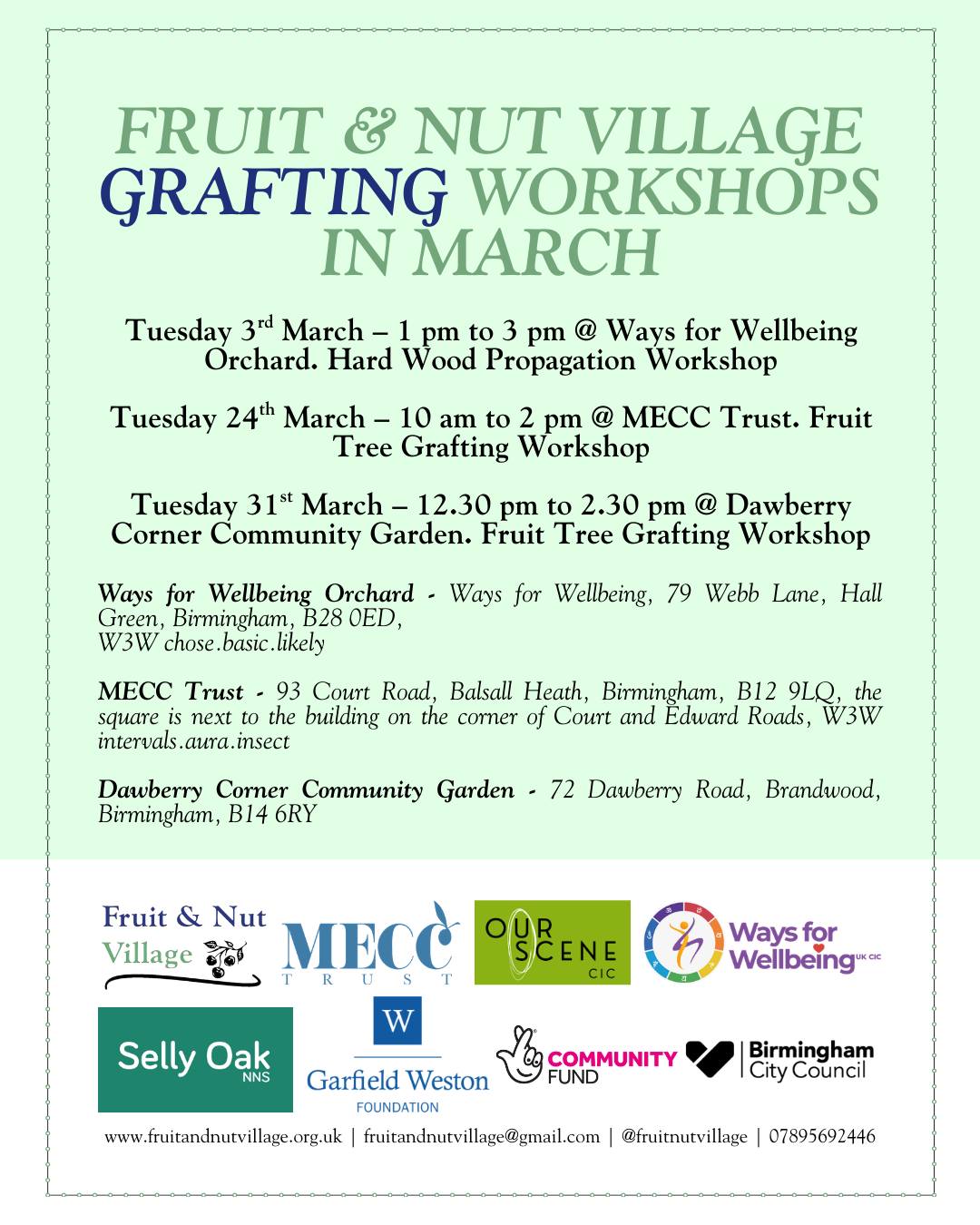 Please join us this #March 2026 for plenty of #grafting and #pruning workshops!
Fruit & Nut Village Grafting Workshops in March
Tuesday 3rd March – 1 pm to 3 pm @ Ways for Wellbeing Orchard. Hard Wood Propagation Workshop
Tuesday 24th March – 10 am to 2 pm @ MECC Trust. Fruit Tree Grafting Workshop
Tuesday 31st March – 12.30 pm to 2.30 pm @ Dawberry Corner Community Garden. Fruit Tree Grafting Workshop
Fruit & Nut Village Pruning Workshops in March
Sunday 1st March – 10 am to 1 pm @ Hazelwell Farm Allotments
Tuesday 3rd March – 9.30 am to 12 pm @ Newlands Run
Thursday 5th March – 9.30 am to 11.30 am @ Beilby Road Orchard
Tuesday 10th March – 10 am to 12 pm @ Base Camp Orchard
Thursday 12th March – 9.30 am to 12 pm @ Hazelwell Riverbank Orchard
Tuesday 17th March – 9.30 am to 12 pm @ Plymouth Run
Tuesday 17th March – 1 pm to 3 pm @ Pineapple House
Thursday 19th March – 9.30 am to 12 pm @ Newlands Run
Friday 20th March – 10 am to 1 pm @ University of Birmingham
Wednesday 25th March – 10 am to 12 pm @ Highbury Park Rose Garden Orchard
All locations are on the posters, or can be found on Our Sites map on the website: https://www.fruitandnutvillage.org.uk/oursites