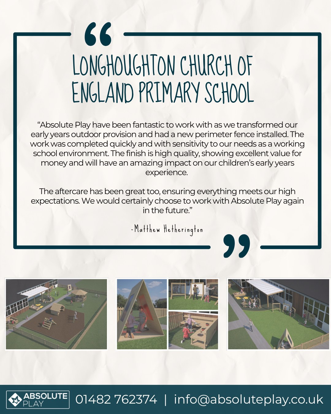 Client feedback that speaks for itself ✨
This project involved the development and revamp of an EYFS outdoor play area, including:
• Polycarbonate shelter
• Wetpour & artificial grass surfacing
• Sand and water play
• Activity panels
• New perimeter fencing and access gates
Delivering quality, care and lasting impact. Every time.
📧 info@absoluteplay.co.uk