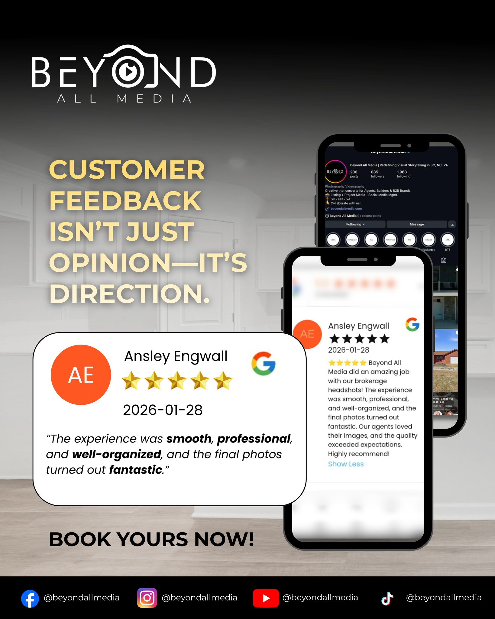 Your reputation is built on the experience you create.
We’re proud to share this feedback from Ansley Engwall— because great media isn’t just about the final images. It’s about the process behind them.
Smooth.
Professional.
Well-organized.
And results that exceed expectations.
That’s the standard we hold ourselves to on every shoot.
If you’re looking for a media team that values quality and experience, we’re ready when you are.
📩 Send us a message to book your next shoot.
#ClientFeedback #RealEstateMedia #beyondallmedia