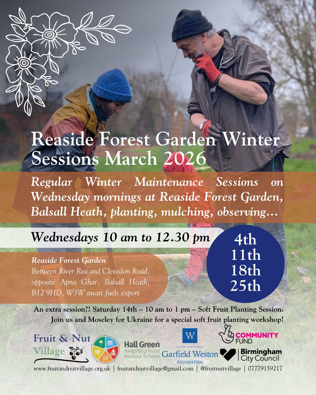 Reaside Forest Garden Winter Workshops! #March 2026
Join us at this incredible growing space in #BalsallHeath for our regular #winter #maintenance on Wednesday mornings, #planting, #mulching, #observing...
All sessions this month are from 10 am to 12.30 pm, on the 4th, 11th, 18th, and 25th of February.
There is also a special extra session here during The National Lottery Open Week, Saturday 14th, 10 am to 1 pm, soft fruit planting with @moseleyforukraine!
Reaside can be found between the River Rea and Clevedon Road, opposite our friends at Apna Ghar Day Centre.
Open to all - please join us for a fun morning outdoors!