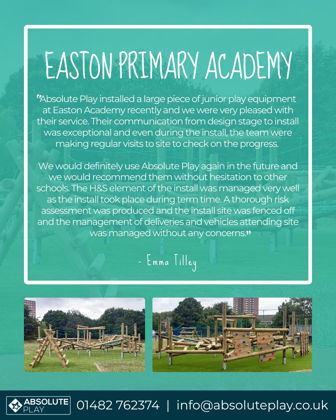 We recently installed a large junior play feature, including our Clamber Stack with Padrino Grass surfacing, at Easton Academy and we’re so pleased to hear how happy they were with the entire process.
From initial design through to installation, our team maintained clear, consistent communication and regular on-site visits to ensure everything progressed smoothly. With the project taking place during term time, health & safety was a top priority including a thorough risk assessment, secure site fencing, and carefully managed deliveries to ensure minimal disruption.
"Thank you for your trust and recommendation, we’d be delighted to work with you again in the future!"
Looking to transform your playground?
👉🏻Explore our range: https://www.absoluteplay.co.uk/play-equipment
📧 Get in touch: info@absoluteplay.co.uk