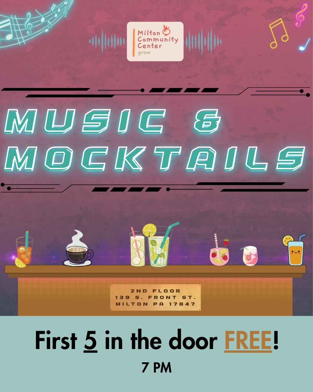 Hey, Milton! We all love free stuff… and tomorrow is your chance to snag it.
The first 5 people through the door tomorrow night for Music & Mocktails get FREE admission to see The Brahman Noodles at the Milton Community Center!
Doors open at 7:00 PM- show up early, grab your spot, and kick off the series with us.