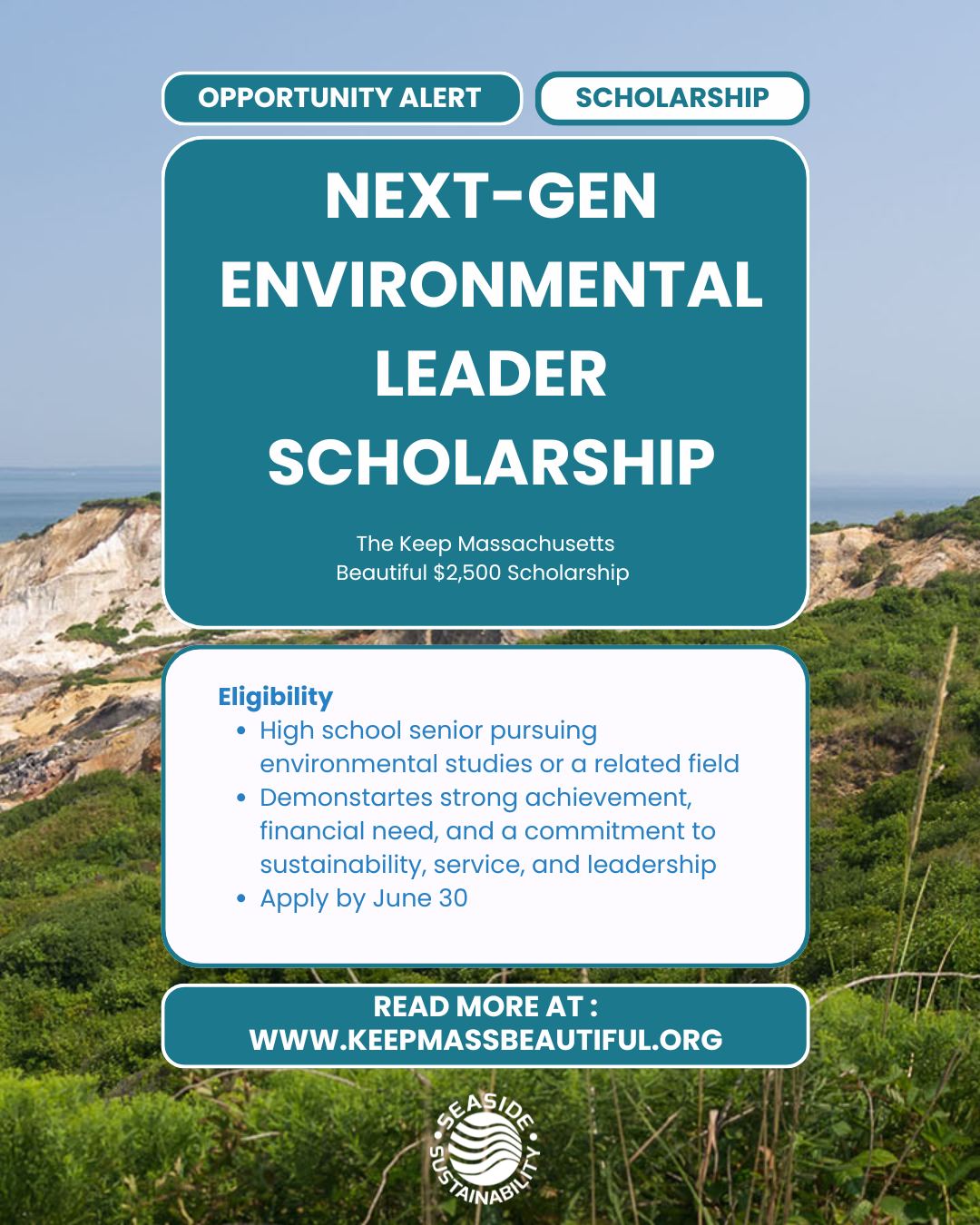 Ready to make a difference for the planet and your future? 🌎💛
The Next-Gen Environmental Leader Scholarship offers a $2,500 award to high school seniors pursuing environmental studies or related fields.
Apply by June 30!
Know someone who should apply? Tag them below 👇
#GreenFuture #StudentSupport #seasidesustainability