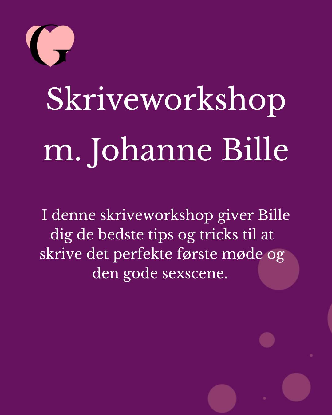 Romantisk skriveworkshop med Johanne Bille ✒️
- Det første møde og den gode sexscene
Forfatter og kulturredaktør Johanne Bille står bag den sprudlende romantiske serie Boghandel Blåregn. I denne skriveworkshop giver hun dig de bedste tips og tricks til at skrive det perfekte første møde og den gode sexscene.
På workshoppen lærer du, hvordan du skriver den hedeste tiltrækning frem – og om antydningens kunst – om nærhed og intimitet i sproget og opretholdelsen af den romantiske gnist. Vær med og giv dine karakterer den bedste forudsætning for en happy ever after – eller happy for now
Om @johanne.bille:
Johanne Bille (f. 1993) er forfatter med flere romaner bag sig, kulturredaktør hos Aller og medstifter af forlaget Harpyie. Bille har indtaget romancescenen med storm med sin populære og romantiske Boghandel Blåregn-serie, der i foråret 2026 afsluttes med syvende bind, Hjemme under blåregnen.
Søndag d. 19. kl 11.00
Varighed: 1 time.
Pris: 120 kr + billetgebyr