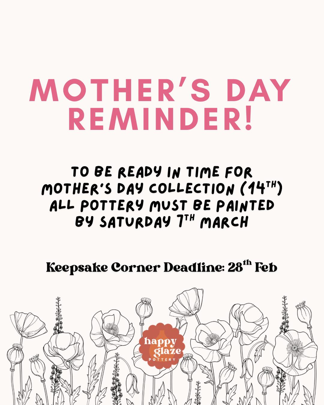 Mother’s Day is coming up 💗✨
If you’re planning a handmade gift, don’t leave it too late!
🗓️ Last day to paint for Mother’s Day collection: Saturday 7th March
🎁 Collection day for these pieces: Saturday 14th March
🚫 We will be closed on Mother’s Day, so please collect before
👣 Keepsake Corner deadline: 28th Feb
Our kilns are already super busy, so make sure you’ve booked your spot and got your pieces painted in time 💕
Not sure you’ll make the deadline? Our gift vouchers make the perfect last-minute present and can be used anytime ✨
The most special gifts are the ones you make yourself 🫶
Book online to secure your space ✨
#MothersDayGifts #PotteryPainting #HandmadeWithLove #DevonDaysOut #ThingsToDoDevon #Tiverton #CreativeDays #PaintYourOwnPottery #FamilyActivities #BabyPrintKeepsake