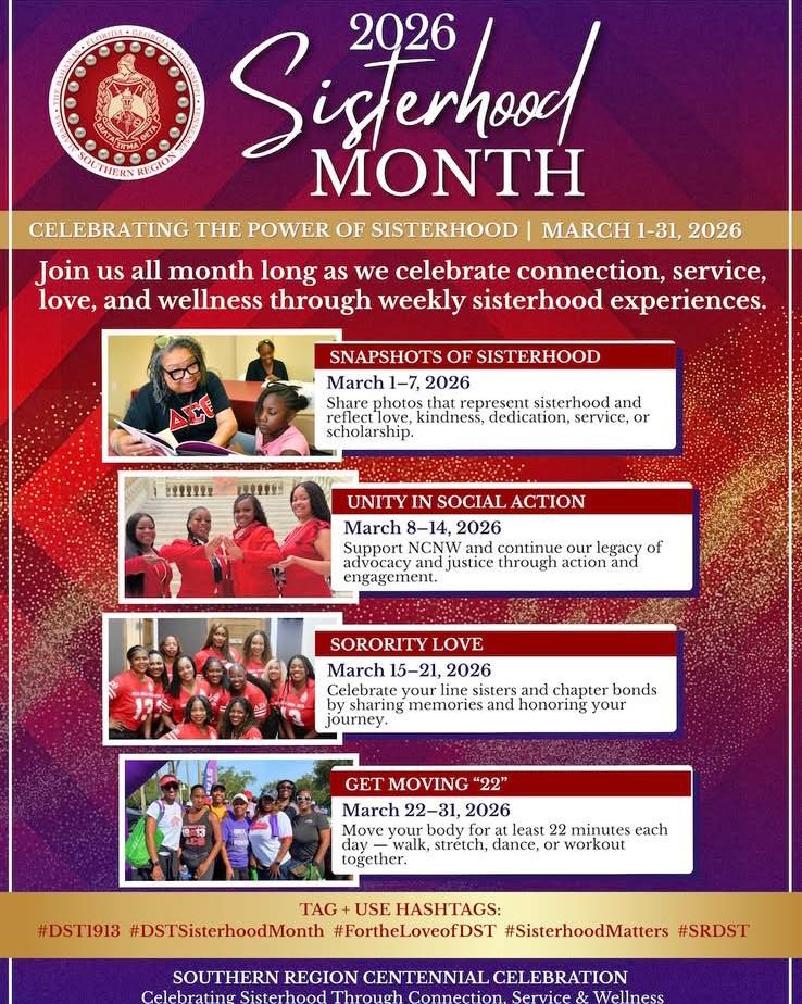 Happy Sisterhood Month! Join us as we move as one, celebrating the power of sisterhood. This month we are uplifting our communities, strengthening our bonds, and prioritizing the well-being of members of Delta Sigma Theta Sorority, Incorporated.
#SRDST #DST1913 #SRSisterhoodMonth