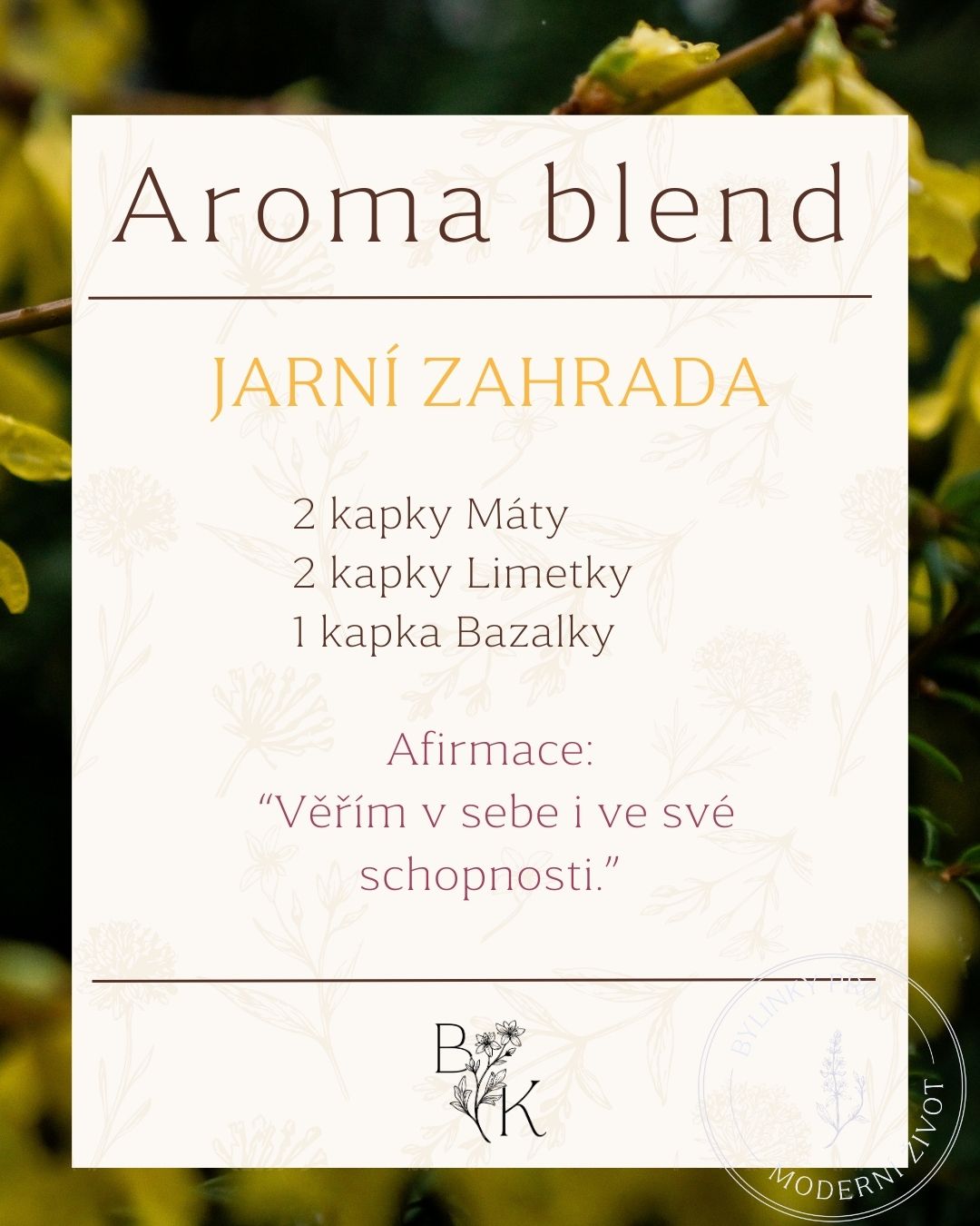 Aroma blend měsíce: Jarní zahrada 🌿
2 kapky máty
2 kapky limetky
1 kapka bazalky
Svěží, lehká a plná nové energie.
Máta pročistí hlavu.
Limetka dodá lehkost.
Bazalka podpoří soustředění a vnitřní jistotu.
Nakapej do difuzéru, otevři okno a nech jaro vstoupit dovnitř 🌿
Co ti teď na jaře chybí nejvíc?
Klid, energie, lehkost?
Dej mi vědět do komentáře – ráda podle toho namíchám další aroma blend. 🤍
#bylinkatka #aromablend #eterickeoleje #jarnienergie #prirozenapece #jaro