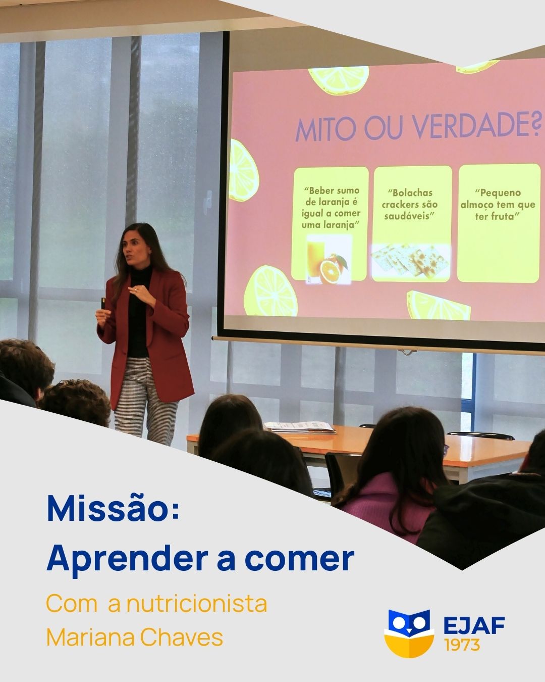 Hoje recebemos a nutricionista Mariana Chaves para um workshop muito especial: “Missão: Aprender a Comer”.
Ao longo da sessão, os nossos alunos refletiram sobre escolhas alimentares conscientes, equilíbrio e a importância de uma relação saudável com a comida.
Educar também é promover hábitos que contribuem para o bem-estar e para um crescimento saudável. 💙
#EJAF #OlhosPostosnoFuturo