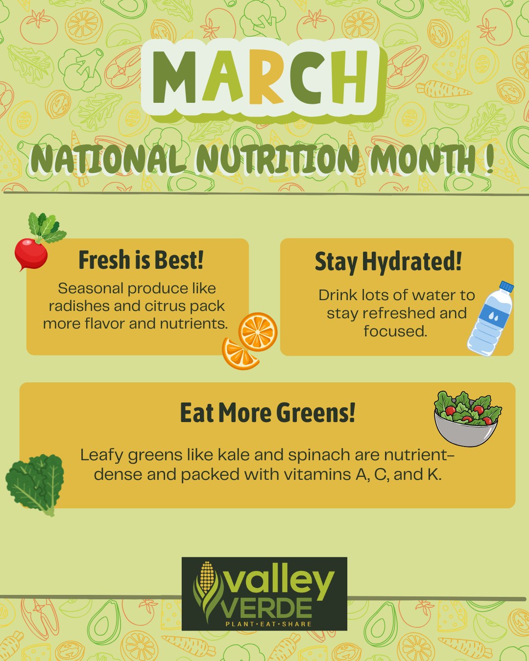 March is National Nutrition Month! 🥗🍊
At Valley Verde, we believe that healthy communities start with healthy habits. Choosing fresh seasonal produce, staying hydrated, and adding more leafy greens to your plate are small steps that make a big impact.
What's one healthy habit you're working on this month?
---
Marzo es el Mes Nacional de la Nutricion! 🥗🍊
En Valley Verde, creemos que las comunidades saludables comienzan con habitos saludables. Elegir productos frescos de temporada, mantenerse hidratado y agregar mas verduras de hoja verde a tu alimentacion son pequenos pasos que generan un gran impacto.
En qué hábito saludable estás trabajando este mes?
#ValleyVerde #CommunityGarden #OrganicGardening #CommunityWellness #nutrition