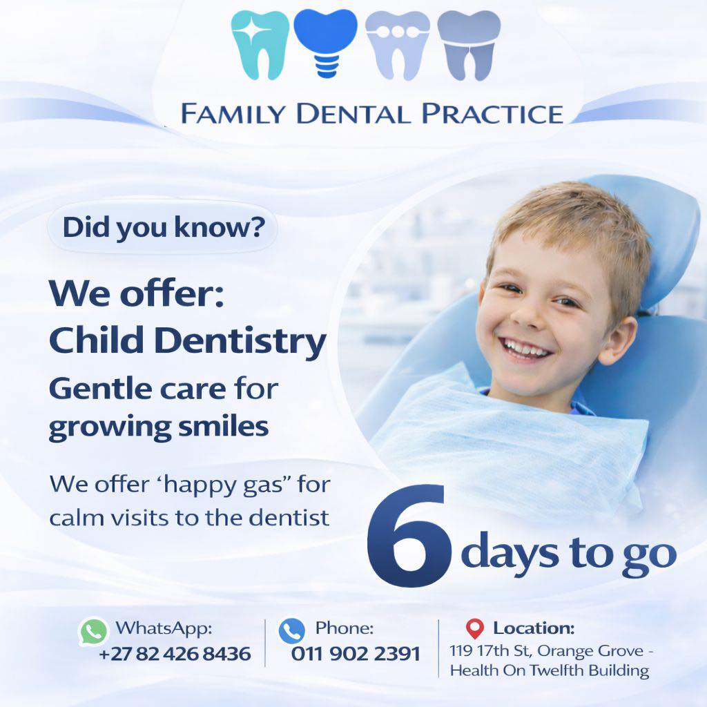 💙 Little smiles deserve gentle care 🦷
At Family Dental Practice, we believe positive first dental experiences last a lifetime. That’s why our child dentistry is gentle, calm, and designed to help little ones feel safe and at ease every step of the way.
✨ Gentle treatments
✨ Child-friendly approach
✨ “Happy gas” available to help nervous little ones relax
⏰ Just 6 days to go until we open!
📱 WhatsApp: +27 82 426 8436
📞 Phone: 011 902 2391
📍 119 17th Street, Orange Grove
Health On Twelfth Building
Because confident smiles start young 🤍
