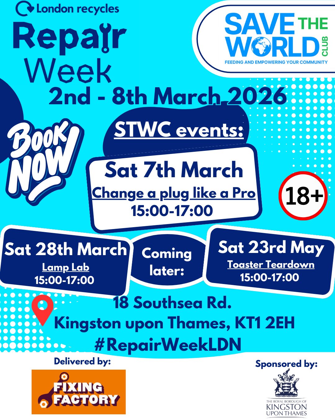 Join us for some fantastic upcoming #ElectricalRepair events, with the first starting during @londonrecyclesuk's Repair Week! Want to learn some electrical repair basics, any of these sessions would be a fantastic starting point.
Spaces are free, but tickets are limited, so make sure to book your spot on our website today: https://www.savetheworldclub.org/events
These sessions will be run by the @fixing_factories and are sponsored by @kingston_council at our #CircularEconomy Hub "The Circulatory", attendees must be 18+.
We welcome you to share and wish you a fantastic evening from the STWC team.
#RepairWeekLDN #RepairWeek #FixItDontDitchIt #LoveItForLonger #Fixing_Factories #Free #communitysupport #environment #environmental #kingstonuponthames #kingston #surbiton #tolworth #newmalden #chessington
