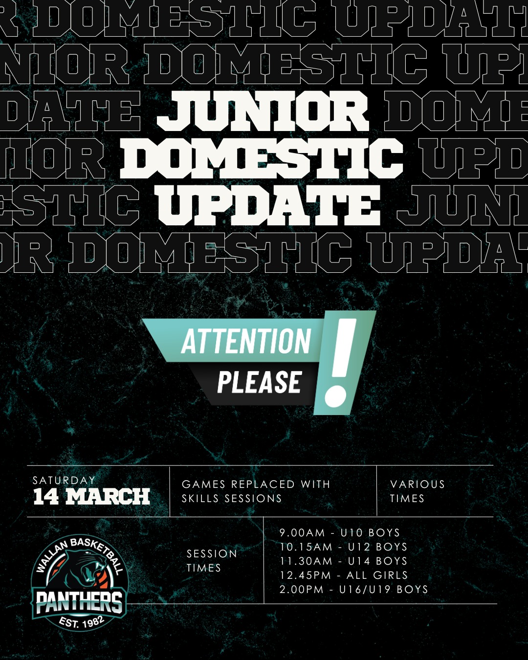 Announcement!
Reminder Panthers โ there are NO domestic games this weekend due to the Labour Day long weekend.
Due to court availability and fixture clashes, there will be no games on Saturday 14 March โ instead weโre running Bring a Friend Skills Sessions at RB Robson Stadium ๐
This is your chance to:
โ Sharpen your skills
โ Have some fun
โ Bring a mate who doesnโt play (yet!)
โ Show them what Wallan Basketball is all about
All sessions run for 1 hour:
9:00am โ U10 Boys
10:15am โ U12 Boys
11:30am โ U14 Boys
12:45pm โ All Girls
2:00pm โ U16/19 boys
Bring the energy. Bring a friend. Letโs pack the stadium and grow the Jungle ๐๐ค