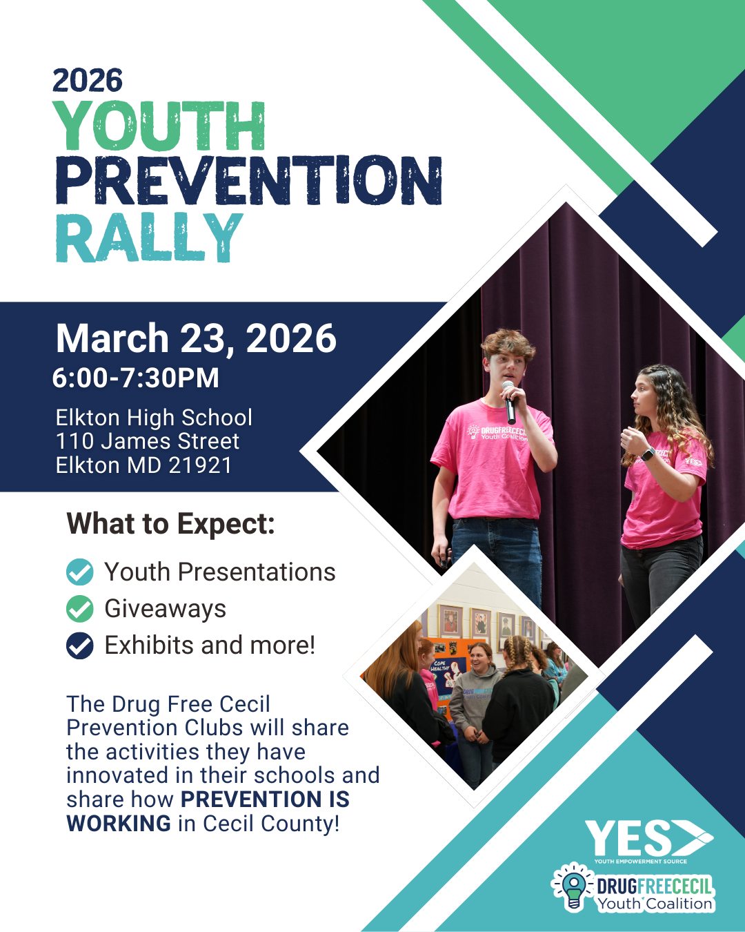 It's time for our Annual Youth Prevention Rally!
We can't wait to show you all that we have been working on!
📅 March 23, 2026
⏰ 6:00-7:30PM
📍 Elkton High School, 110 James St. Elkton, Md 21921
The Drug Free Cecil Prevention Clubs will share the activities they have innovated in their schools and share how PREVENTION IS WORKING in Cecil County!
#youthcoalition #youthleadership #drugfreelife #cecilcountymd #prevention