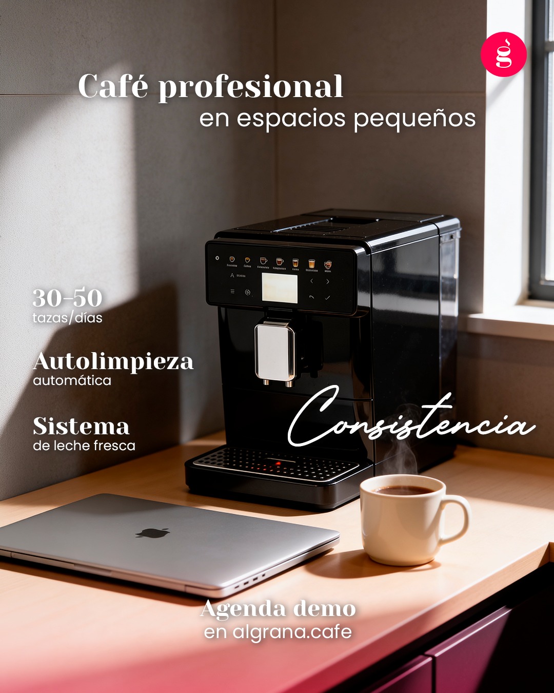 Espacios pequeños. Resultados profesionales. ☕✨
B5 · 30–50 tazas/día · leche fresca · autolimpieza.
📲 Agenda demo en algrana.cafe