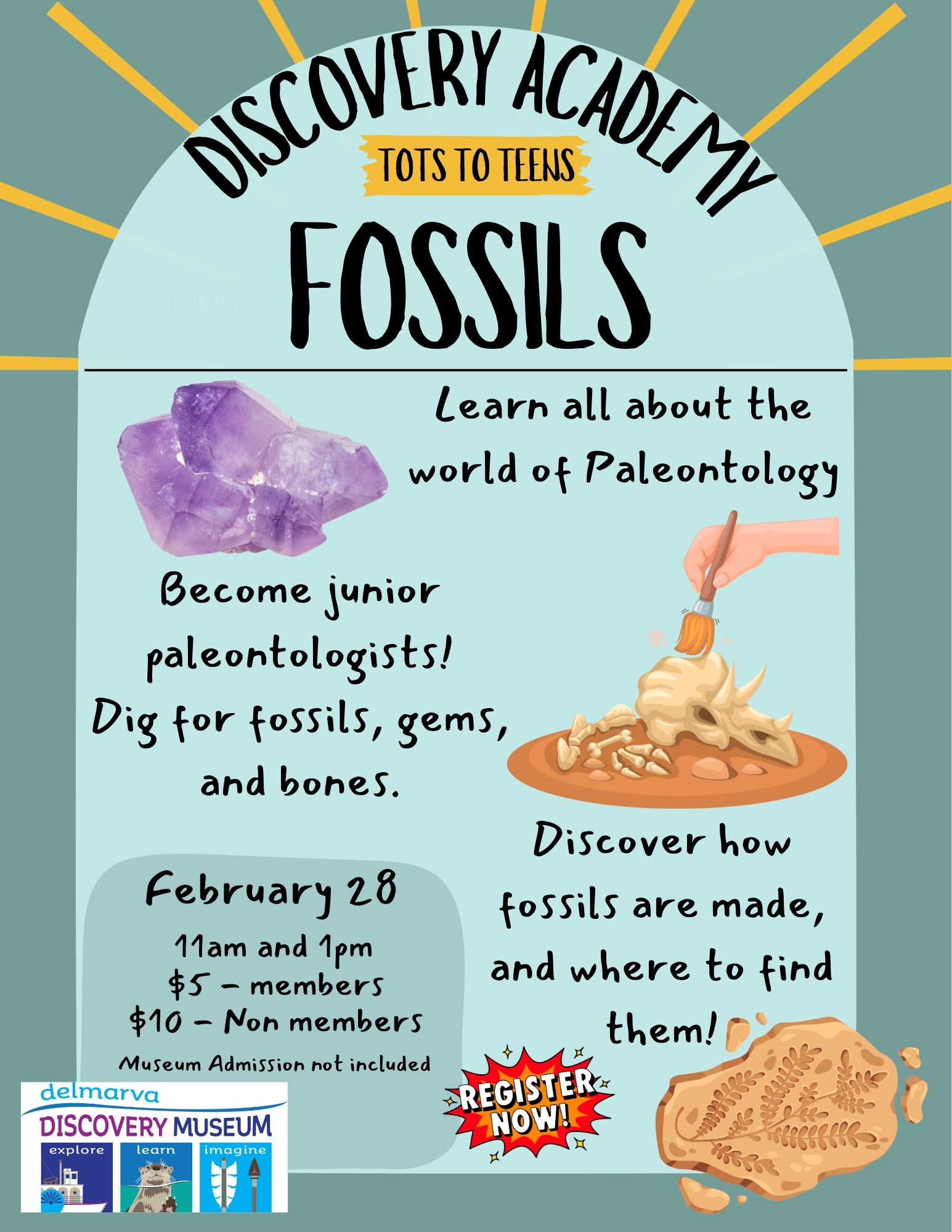 The Delmarva Discovery Museum's Tots-To-Teens: Fossils program for Saturday February 28th only has 9 SPOTS Left! Remember the Tots-To-Teens Programs Do Not include admission to the Museum. To reserve your spot here: https://www.delmarvadiscoverycenter.org/delmarvadiscoveryacademy/totstoteens