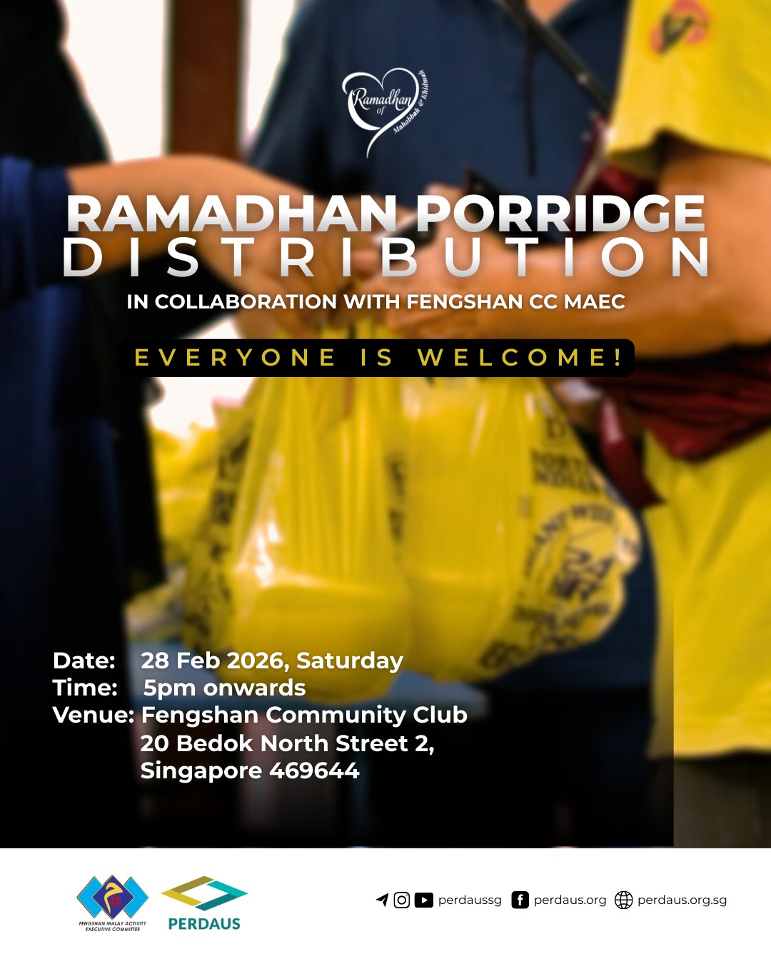 East side or West side? We’ve got both covered! 🥣✨
As we gear up for Ramadhan, there’s no better way to celebrate community than over a warm bowl of porridge. Whether you’re near Bedok or Bukit Batok, come swing by, say hello, and grab a pack!
EVERYONE is welcome! ❤️
📍 WHERE & WHEN
EASTIES: Fengshan Community Club
📅 Today, 28 Feb (Sat)
🕔 5:00 PM onwards
📍 20 Bedok North Street 2, S469644
(In collaboration with Fengshan CC MAEC)
WESTIES: iServe Perdaus
📅 Tomorrow, 1 March (Sun)
🕓 4:00 PM – 5:00 PM
📍 Blk 361 Bukit Batok Street 31, #01-467
(Walking distance from Bukit Gombak MRT—look for the glass door facing the tracks!)
Let’s share the blessings and start the season with full hearts (and tummies). Tag a friend who lives nearby! 👇
#Perdaus #Ramadhan2026 #SGMuslims #BukitBatok #Bedok #CommunityFirst #BuburLambuk #SingaporeEvents #SharingIsCaring