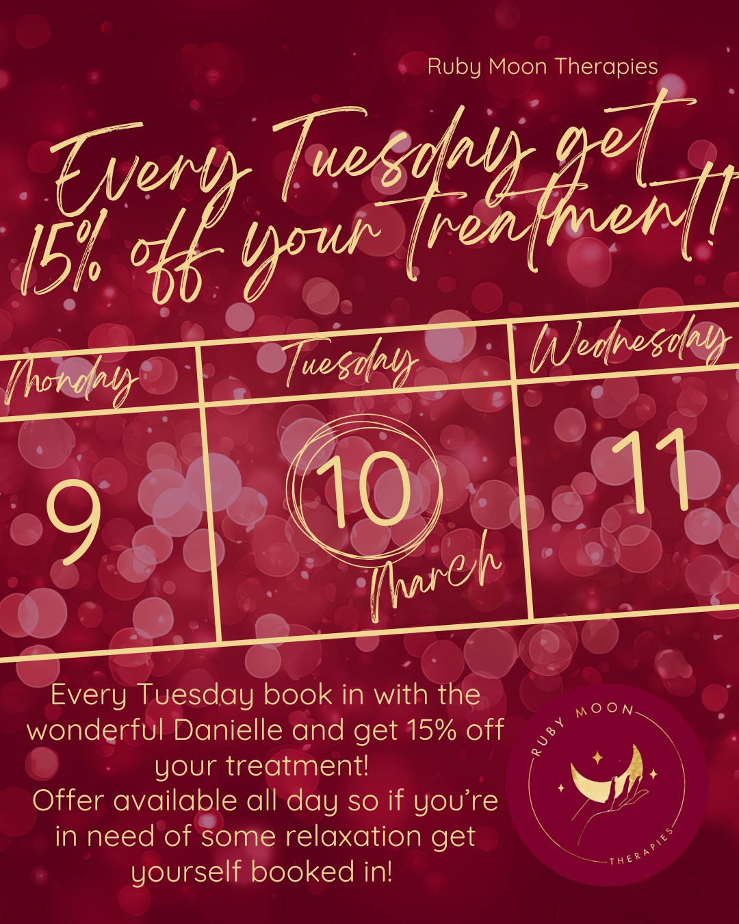 Every Tuesday you can get 15% off your treatment !
On Tuesdays book in with the wonderful Danielle and get 15% off your treatment!
Offer available all day so if you’re in need of some relaxation get yourself booked in ❤
It's the perfect way to save a bit of money whilst still treating yourself to something lovely !
Click the link in our bio to book in ...
#tuesdaytreatment #tuesdayoffer #weeklyoffer #rubymoontherapies #horleymassage #horleymums #horleydads #horley #surreylife #surreymums #surreybusiness #surreysmallbusiness #horleysmallbusiness