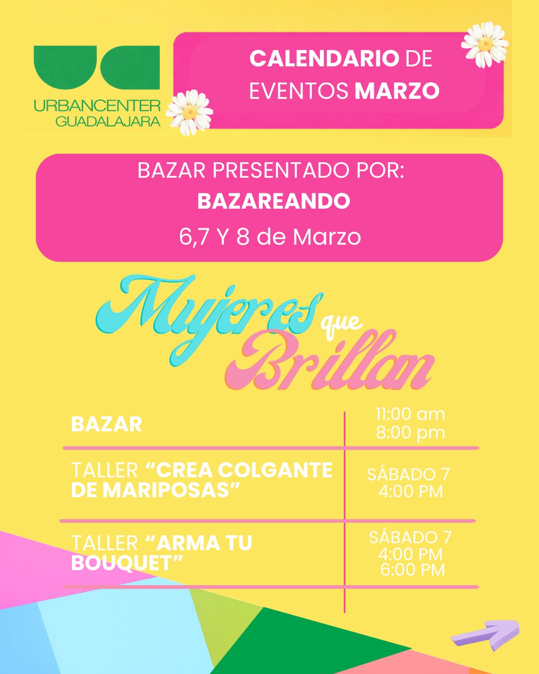 🌸 Marzo se llena de talento y creatividad 🌸
Acompáñanos en nuestro bazar edición especial, presentado por Bazareando, con emprendimientos increíbles y talleres creativos para toda la familia.
🌸 @bazareando_gdl
📅 6, 7 y 8 de marzo
📍 Av. López Mateos Sur #7000, Fracc. Residencial La Rioja, Col. Los Gavilanes, CP 45645, Tlajomulco de Zúñiga
✨ ¡Te esperamos!
.
.
.
#MujeresQueBrillan #BazarBazareando #DíaDeLaMujer
#UrbanCenterGDL #ViveUrbanCenter #AgendaGDL #PrimaveraEnUC