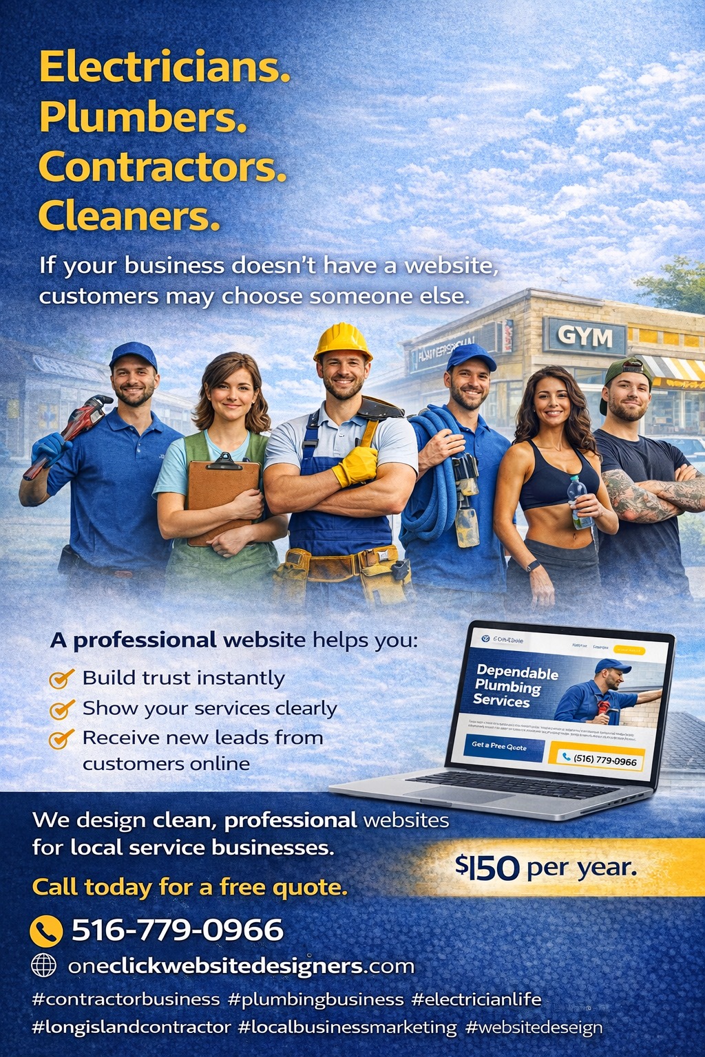Electricians.
Plumbers.
Contractors.
Cleaners.
If your business doesn’t have a website, customers may choose someone else.
A professional website helps you:
✔ Build trust instantly
✔ Show your services clearly
✔ Receive new leads from customers online
✔ Stay visible 24/7
We design clean, professional websites for local service businesses.
Call today for a free quote.
516-779-0966
oneclickwebsitedesigners.com
#contractorbusiness #plumbingbusiness #electricianlife #longislandcontractor #localbusinessmarketing #websitedesign