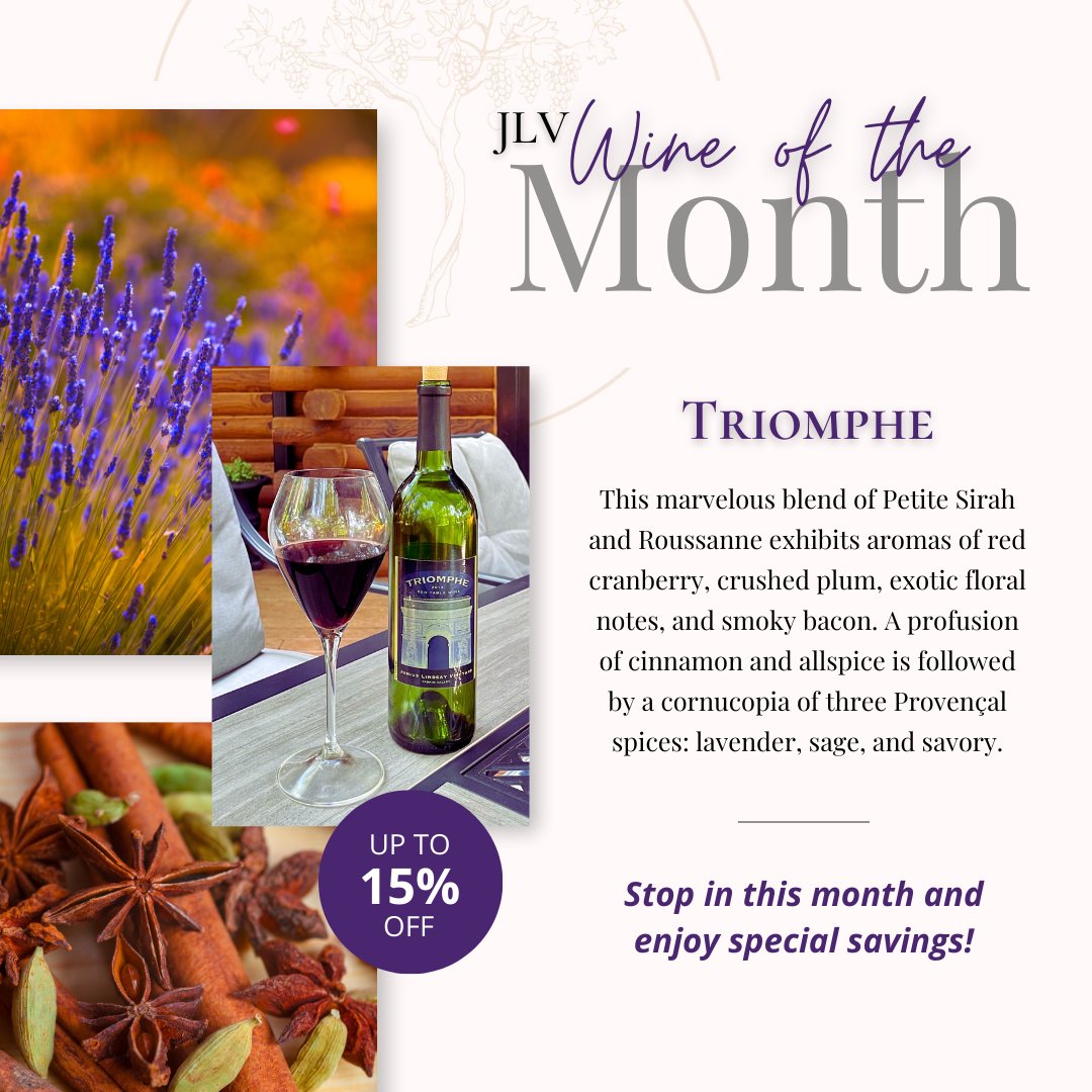 Warmer days call for grilling and you'll need the the perfect wine pairing! Our Triomphe is a marvelous blend of Petite Sirah and Roussanne—a traditional Rhône style blend of red and white wines from Côte Rôtie. This blend brings aromas of smoky bacon, ripe plum, and a dash of spice. Whether it’s burgers, ribs, or roasted veggies, this grilling staple was made for flame-seared flavors and evenings on the patio. 🍷
Special Discounts (through March 31, 2026):
🌞 3 to 8 bottles -- 10% off total purchase
🌞 9+ bottles -- 15% off total purchase
#wineofthemonth #drinklocal #yadkinvalley #ncwine