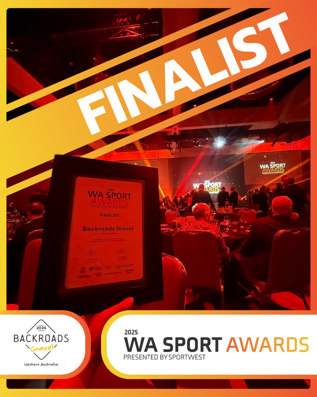 Last Thursday we had the honour of attending the 2025 WA Sport Awards, presented by SportsWest 🙌
We’re incredibly proud to share that Backroads Gravel was named a 2025 finalist — recognised as one of just three finalists from a large field of entries across the state.
This follows C-Wise Dwellingup 100 being named a finalist in 2024 — marking back-to-back years of state-level recognition for events delivered by The Event Team.
While we didn’t take home the trophy this year, being acknowledged among Western Australia’s leading sporting events is something we’re extremely proud of. These moments are a reflection of the communities behind our events — the riders, runners, volunteers, partners, sponsors and host regions who make it all possible.
From the forests of Dwellingup to the gravel roads of the Midwest, this recognition belongs to everyone involved.
Thank you for backing us, supporting regional WA and helping us continue to raise the bar for participation sport 💛
#WATheDreamState
Photo Credit: Daniela Tommasi Photography