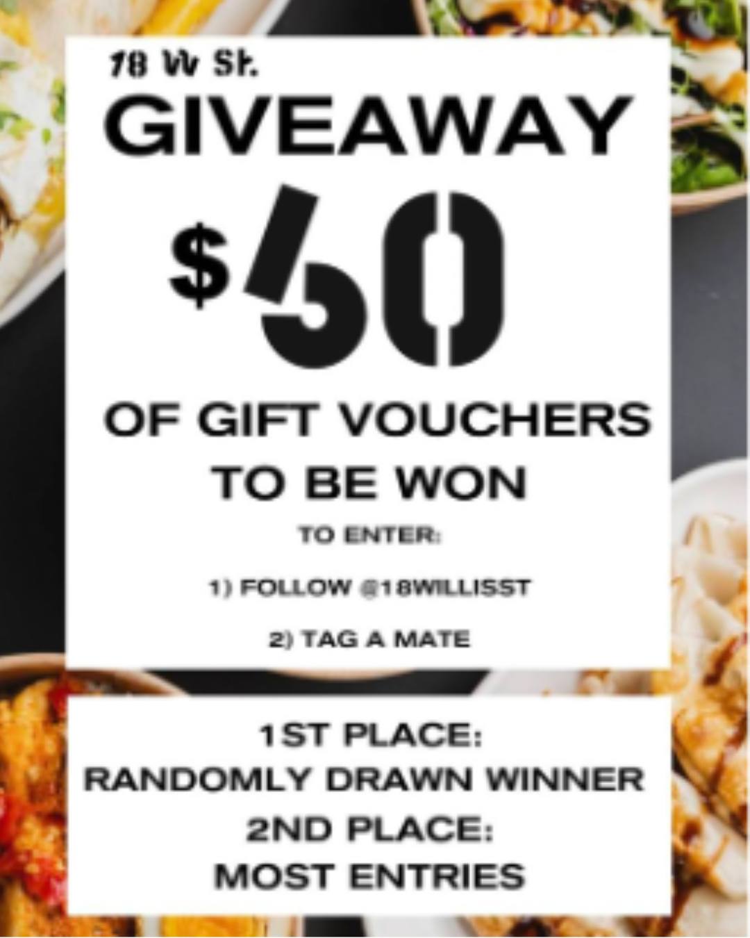 GIVEAWAY TIME 🚨
We’re giving away $60 of 18 Willis St gift vouchers – and you could be one of the lucky winners!
To enter:
1. Like this post
2. Follow @18willisst
3. Tag a mate you’d take out for lunch at 18 Willis St.
1 comment = 1 entry
🥇 1st Place - $40 – Randomly drawn winner
🥈 2nd Place - $10 – Top commenters on IG and FB
Winners are drawn on Monday 23rd of March.
Disclaimer: This promotion is no way sponsored, endorsed, administered by or associated with Facebook (or Instagram). All giveaways will be run by the official page @18willisst, please be wary of spam accounts impersonating the page and asking for personal information.
Winner will be messaged from our official account @18willisst, please be wary of spam accounts.
#18WillisSt #WellingtonNZ #Giveaway #WellingtonEats #TagAMate