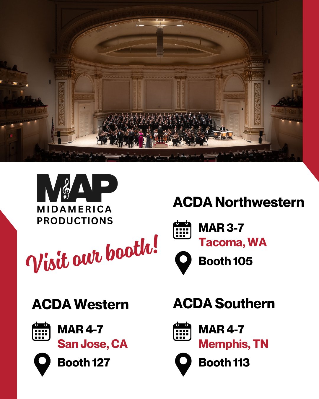We’re heading to ACDA — and we can’t wait to see you! 🎶
🎶 ACDA Southern Division Conference
📍 Memphis, TN
📅 March 4–7
🗂 Booth 113
🎶 ACDA Northwestern Division Conference
📍 Tacoma, WA
📅 March 3–7
🗂 Booth 105
🎶 ACDA Western Division Conference
📍 San Jose, CA
📅 March 4–7
🗂 Booth 127
Stop by our booth to connect with the MidAmerica Productions team, learn about upcoming performance opportunities, and explore what’s ahead — including future Carnegie Hall performances and international residencies.
Whether you’re planning your next tour or looking for an unforgettable performance experience for your ensemble, we’d love to chat!
See you in Memphis, Tacoma, and San Jose! ✨