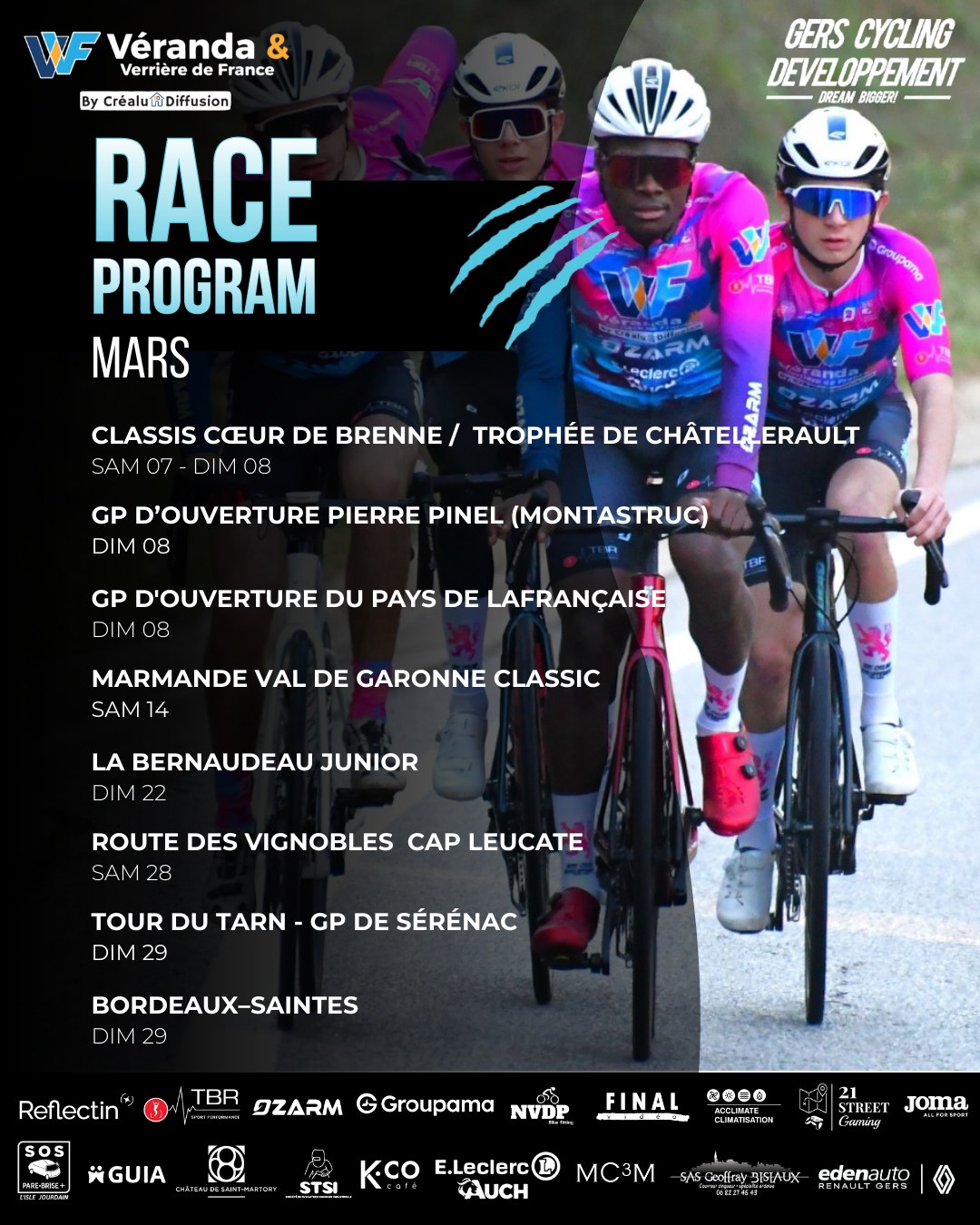 📅 Mars s’annonce intense pour le Gers Cycling Développement VVF
Des classiques, des ouvertures, des épreuves juniors et élites…
Du rythme, du caractère et une seule ligne de conduite : progresser à chaque dossard.
Nos mousquetaires seront sur tous les fronts pour faire honneur au maillot et au travail accompli depuis l’hiver.
On compte sur vous au bord des routes.
En mars, on avance. Ensemble. 🦁🚴♂️
Véranda et Verrière de France @crealudiffusion @eleclercauch @sosparebrisepluslislejourdain @ozarm_custom @21street_gaming @jomasport Groupama @sonia.reflectin STSI @chateausaintmartory GUIA @kcocafe @nvdp_bikefitting @tbrsportperformance MC3M @final__video SAS GEOFFRAY BISIAUX @teamnicemetropolecotedazur_