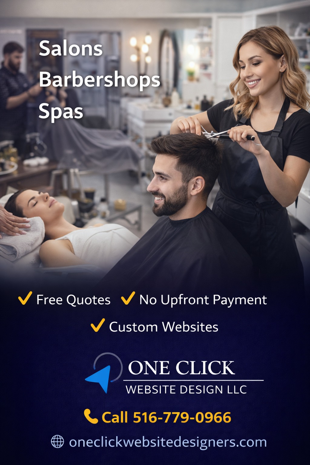 If your business doesn’t have a professional website with online booking, you’re losing appointments.
We build custom, mobile-friendly websites for:
• Hair Salons
• Barbershops
• Spas & Beauty Studios
✔ Free Quotes
✔ No Upfront Payments
✔ Custom Websites
Let your clients book 24/7.
Show your services professionally.
Grow your business in Long Island.
📞 516-779-0966
🌐 oneclickwebsitedesigners.com
Serving Nassau & Suffolk County