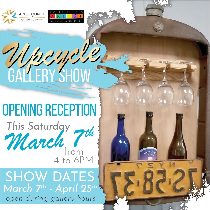 📢 Join us THIS Saturday, March 7, for an opening reception for our upcoming Gallery Show, Upcycle ♻️. Found Objects, Repurposed and Recycled Art. ALL ARE WELCOME!
This inclusive show invites artists of all backgrounds to transform discarded or unwanted items into unique works of art, highlighting the importance of sustainability and creative reuse. The show will feature a diverse range of upcycled pieces, from sculptures to paintings and photography depicting the transformation of discarded materials. Come celebrate creativity and sustainability with us!
What: Gallery Show Opening Reception
When: Saturday, March 7th 4-6pm
Show Open: Through April 25 during Gallery Hours (Tue-Sat 11am-5pm)
More Info: ArtsCouncilCarteret.org/shows
We look forward to seeing you there!
#artscouncil #artistcall #artopportunities #carteretcountyarts #crystalcoast #artshow #galleryshow