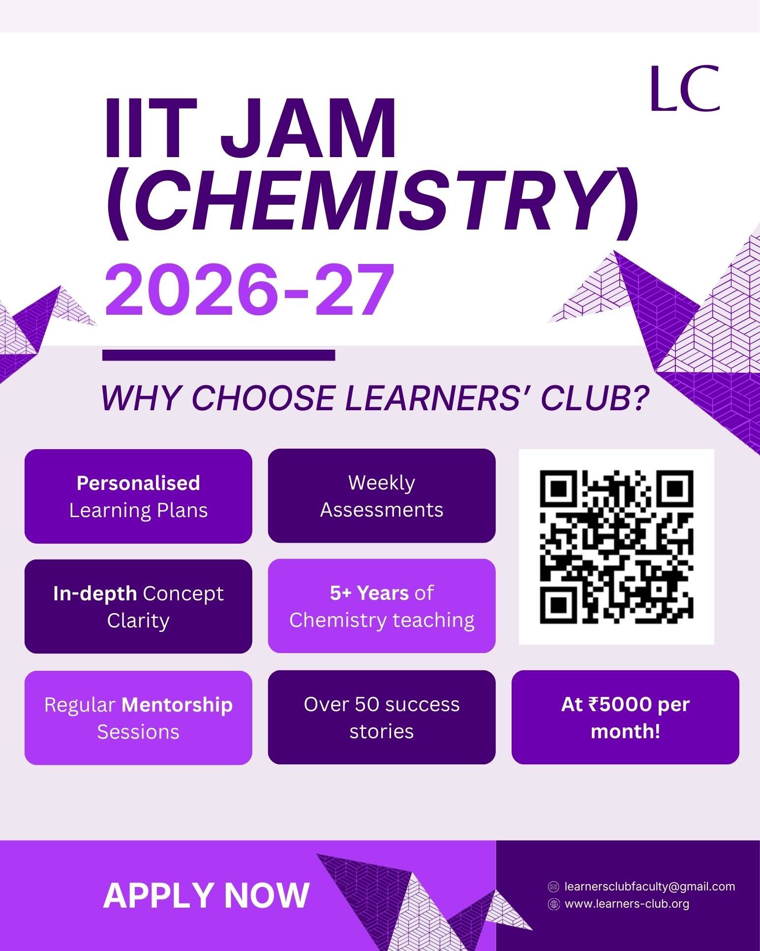 𝗜𝗜𝗧 𝗝𝗔𝗠 (𝗖𝗵𝗲𝗺𝗶𝘀𝘁𝗿𝘆) 𝗯𝗮𝘁𝗰𝗵 𝗳𝗼𝗿 𝗔𝗬 𝟮𝟬𝟮𝟲-𝟮𝟳 𝗶𝘀 𝗻𝗼𝘄 𝗼𝗽𝗲𝗻!
Learners’ Club introduces a special batch, specifically for IIT JAM (Chemistry) aspirants.
- Get your learning audited by Mihir Iyer, our Founder
- Regular sessions for concept clarity and practice
- Weekly assessments in the IIT JAM pattern
𝗖𝗹𝗮𝘀𝘀𝗲𝘀 𝘀𝘁𝗮𝗿𝘁 𝗼𝗻 𝟮𝟯𝗿𝗱 𝗠𝗮𝗿𝗰𝗵 𝟮𝟬𝟮𝟲.
How do you start?
1. Register for a Learning Audit
2. Get your Learning Plan
3. Start learning
𝗣𝗿𝗼𝗴𝗿𝗮𝗺 𝗙𝗲𝗲𝘀: ₹𝟱𝟬𝟬𝟬 𝗽𝗲𝗿 𝗺𝗼𝗻𝘁𝗵
Batches filling fast! Register NOW!
Classes start on 23rd March 2026