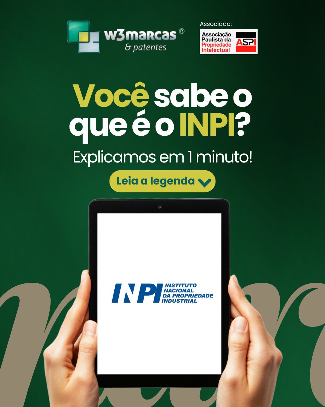 ⏱️ Você sabe o que é o INPI?
A W3Marcas e Patentes explica em 1 minuto!
O Instituto Nacional da Propriedade Industrial (INPI) é o órgão responsável por proteger criações no Brasil: marcas, patentes, desenhos industriais e muito mais.
⚖️ É ele que garante o direito exclusivo de uso da sua marca, impedindo que outras pessoas utilizem seu nome e identidade visual sem autorização.
🛡️ Registrar sua marca é a forma mais segura de proteger seu negócio, sua reputação e seu investimento e a W3Marcas e Patentes cuida de todo o processo para você, da pesquisa à concessão.
💼 Com mais de 20 anos de experiência em registros de marcas e patentes no Brasil e no exterior, a W3Marcas atua com foco em segurança jurídica, estratégia e acompanhamento completo do processo.
🚀 Quer crescer com tranquilidade e proteger seu patrimônio?
Fale com a nossa equipe!
🌐 Site: www.w3marcasepatentes.com.br
📱 Contato: (85) 98602-4353
📧 E-mail: registrecom@w3marcasepatentes.com.br
#W3MarcasEPatentes #INPI #RegistroDeMarca #MarcaRegistrada #PropriedadeIndustrial #ProtejaSuaMarca #EmpreendedorismoSeguro