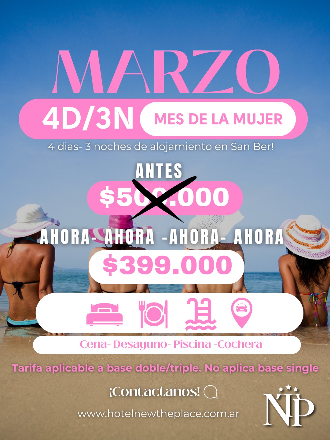 💜 PROMO ESPECIAL MES DE LA MUJER 💜
Este marzo sorprendela con algo diferente.
No flores.
✨ Tiempo de descanso frente al mar.
💑 2 personas
🏨 Habitación con vista al mar
🍽 Media pensión incluida
🌊 Piscina climatizada con vista al mar
🧖 Spa
🚗 Estacionamiento
🎉 Actividades en piscina
🔥 TODO INCLUIDO por $399.000
A solo 50 metros del mar en
New The Place Hotel
📍 Andrade 94 – San Bernardo del Tuyú
📞 Reservas: 2257 661033
