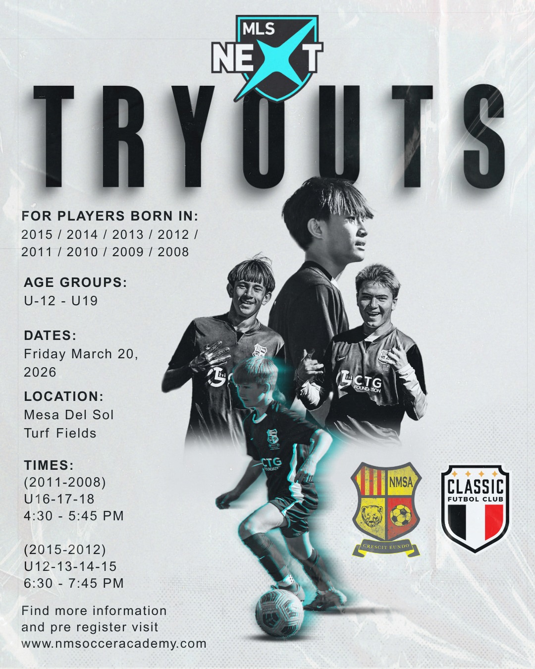 ANNOUNCING MLS NEXT TRYOUTS!!
If interested please visit www.nmsocceracademy.com under interest forms and fill out the application.
