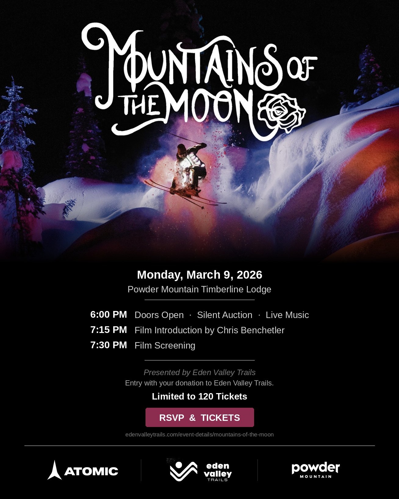 🌙🎬 Mountains of the Moon is almost here!
Not your average movie night… 👀
🎶 Live band
🌮 Good food
🚵 Support your favorite trail builders
🔥 Our silent auction is stacked with incredible experiences + gear you’ll want to bid on.
Tickets are going fast and this WILL sell out.
Hit the link in our bio for tickets + auction info.
Miss this one? Don’t miss the next 👉 join our mailing list and stay in the loop.
See you there. 🍿✨
#EdenValleyTrails #MountainsOfTheMoon #OgdenValley #TrailCommunity