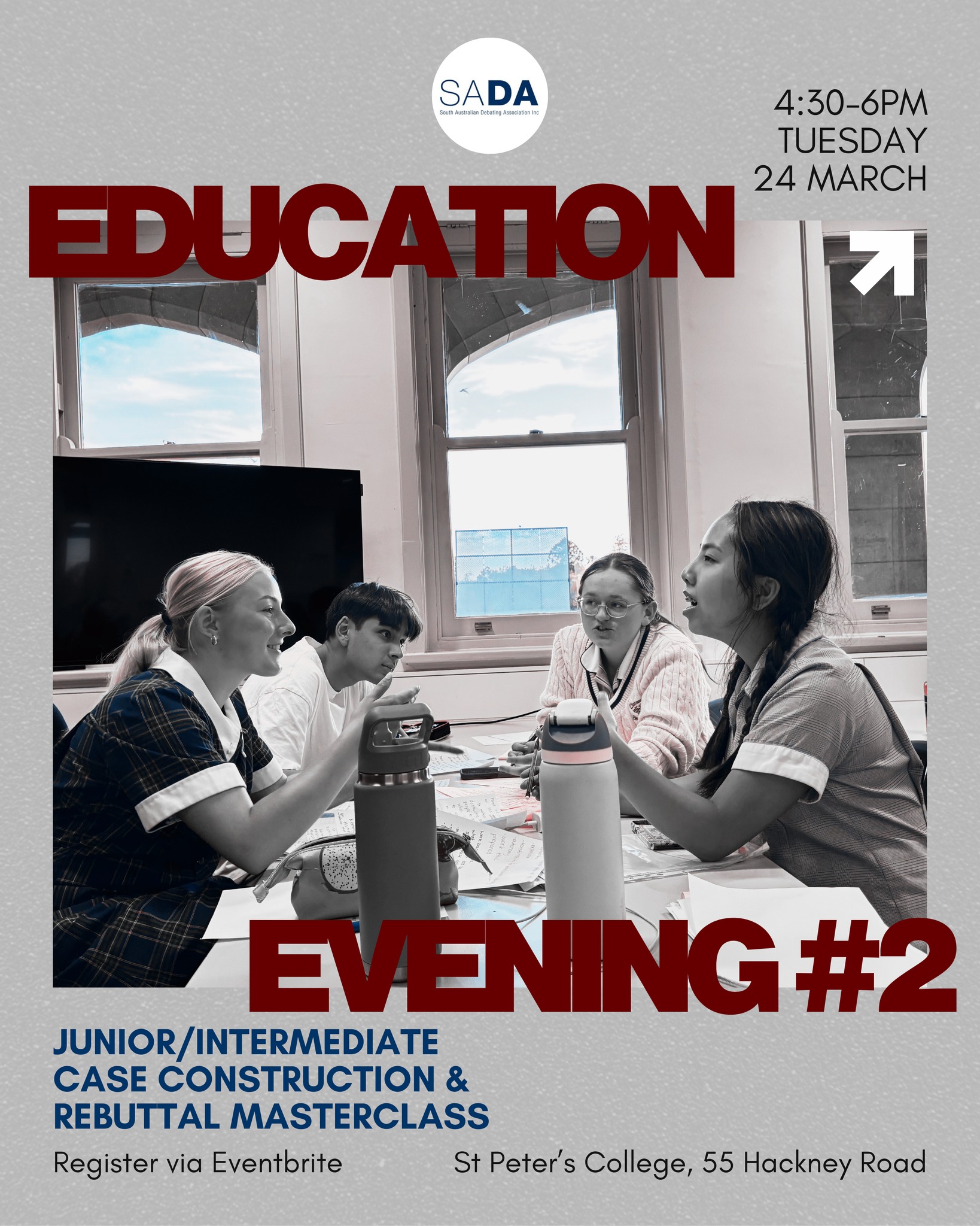 2026 Season Update!
The second Education Evening, titled Junior/Intermediate Case Construction & Rebuttal Masterclass, will be held on Tuesday 24 March 2026, from 4:30 to 6:00pm in Memorial Hall, St Peter's College.
This workshop is best suited for Junior and Intermediate B debaters, and will be divided into two parts: case construction and rebuttal. More specifically, we will explore normative vs empirical topics, speech structuring, effective rebuttal strategies and thematic rebuttal.
Our annual series of Education Evenings are free and led by SADA Education Officers. They are an amazing gateway for new debaters' introductory exposure to debating or for returning debaters to refresh their knowledge prior to the new competition season. The sessions are open to all students and school debating coaches in South Australia.
Register via the link in bio or at https://www.eventbrite.com.au/e/education-evening-2-juniorintermediate-case-construction-rebuttal-tickets-1984363678179.
Parking instructions: Due to Year 12 Parent-Teacher Interviews happening onsite at the same time, we strongly encourage parking on Hackney Road. Thank you for your understanding and support!