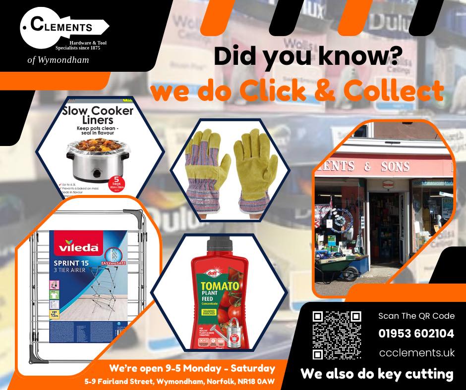 Did you know, we do clock and collect?
Take a look at our range online or do pop by to have a look, we’d be happy to see you.
www.ccclements.uk
#clementsandsons #visitwymondham #ironmongery #localbusiness #Norfolk #localcommunity #clements #click #convenient #click #click #collect #clickandcollect #clickandcollectservice