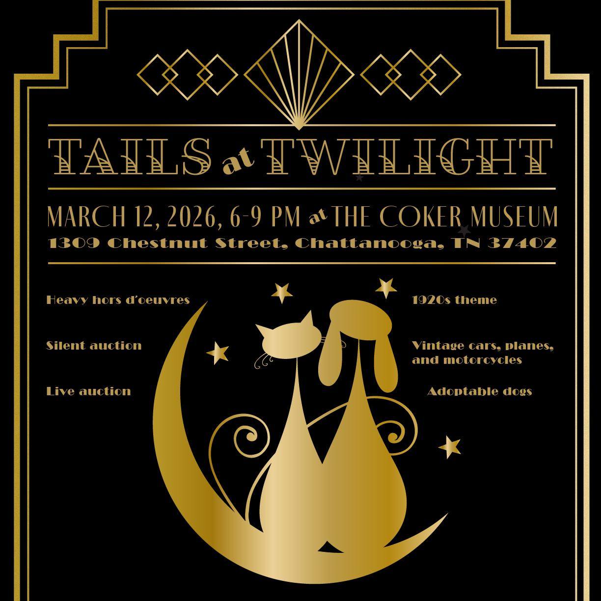 Hard to believe Tails At Twilight is next week and with only 120 seats available we hope to see you there! We also look forward to seeing pinstripes and flapper dresses for our 1920's theme, but you can come in whatever you wish:) There will be good food, an open bar, desserts by @chattacakesbakery, and great company with other animal lovers. Get your tickets on our website now!